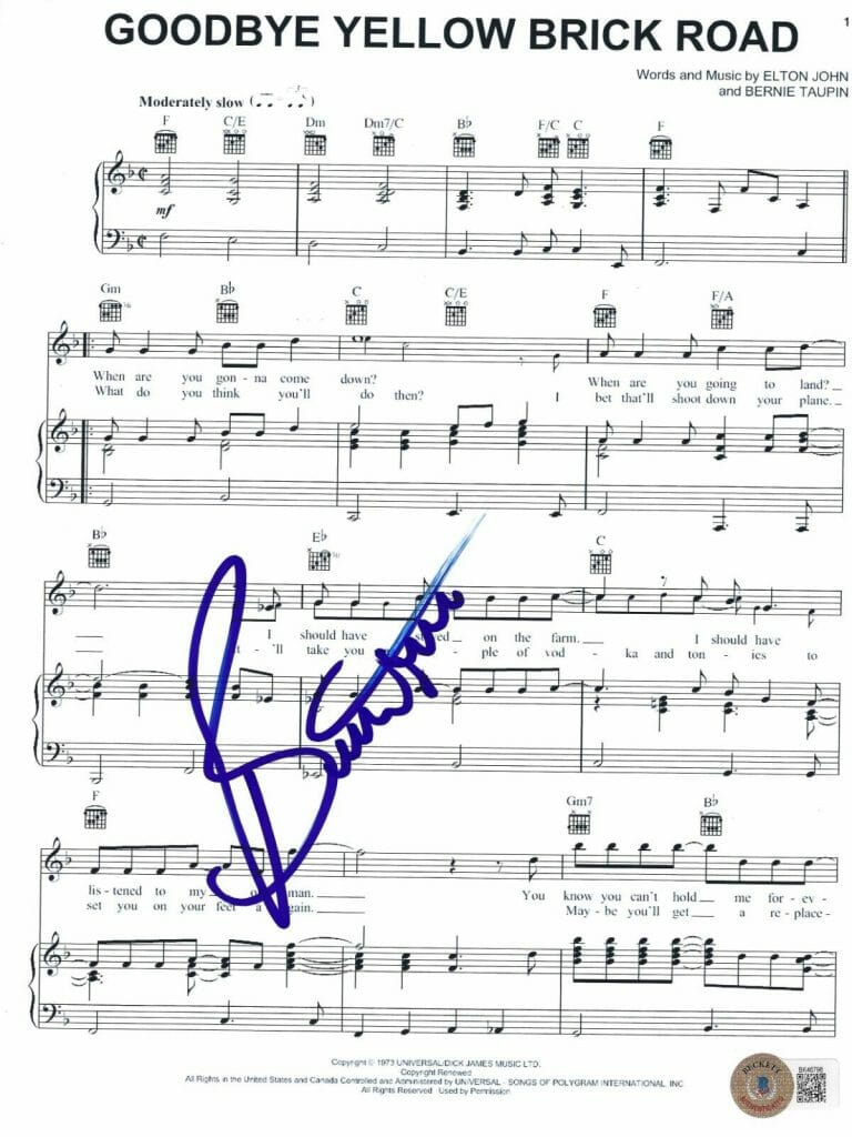 Bernie Taupin Signed Goodbye Yellow Brick Road Sheet Music Elton John