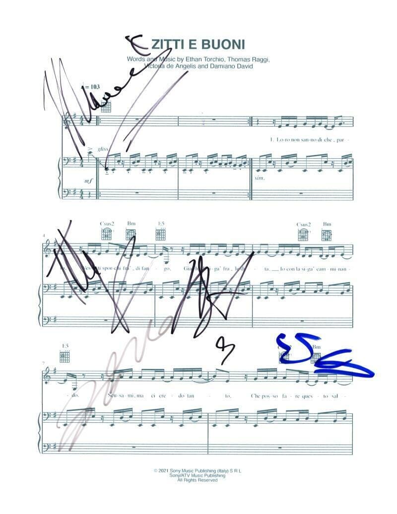 Maneskin Band X Signed Autograph Zitti E Buoni Sheet Music Damiano