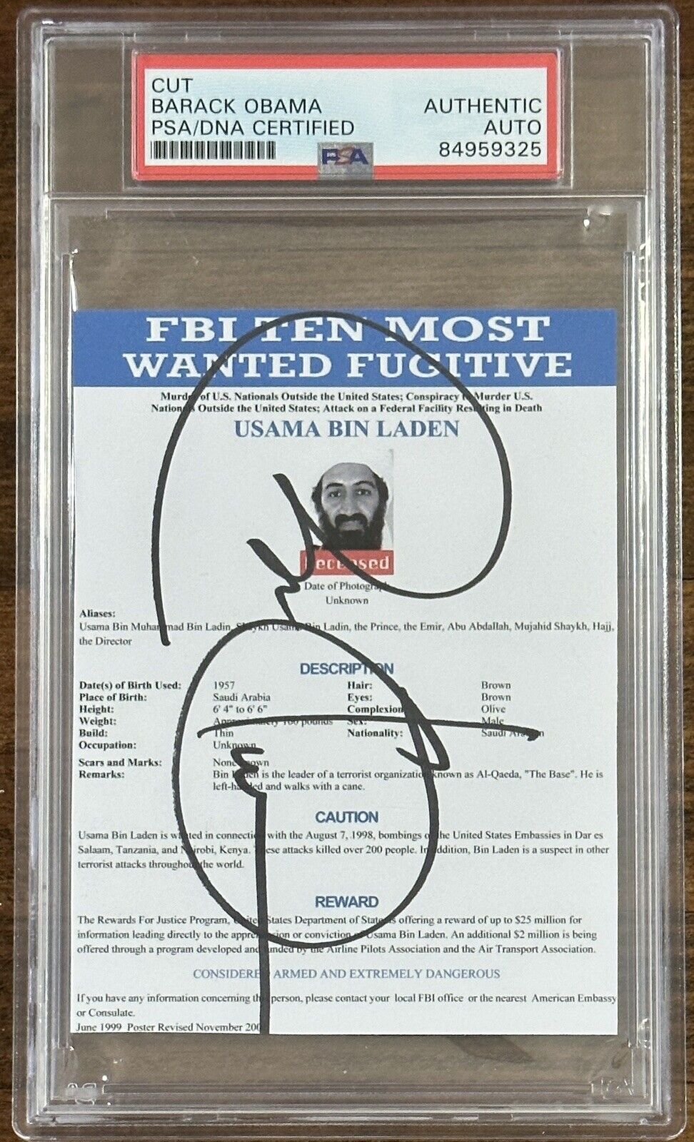 President Barack Obama Signed Osama Bin Laden Wanted Poster Psa Dna