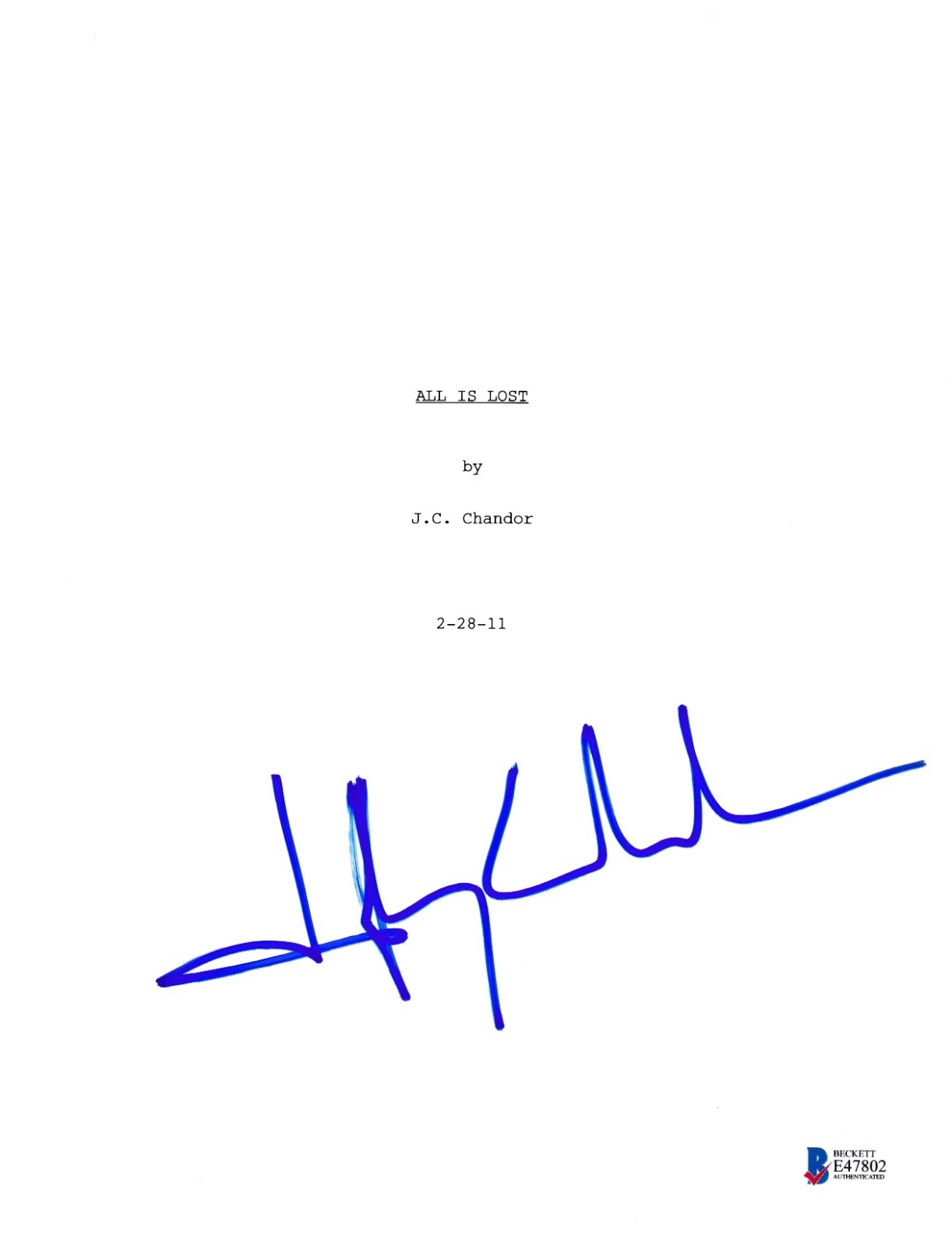 JEFFREY CHANDOR SIGNED ALL IS LOST SCRIPT BECKETT BAS AUTOGRAPH AUTO COLLECTIBLE MEMORABILIA