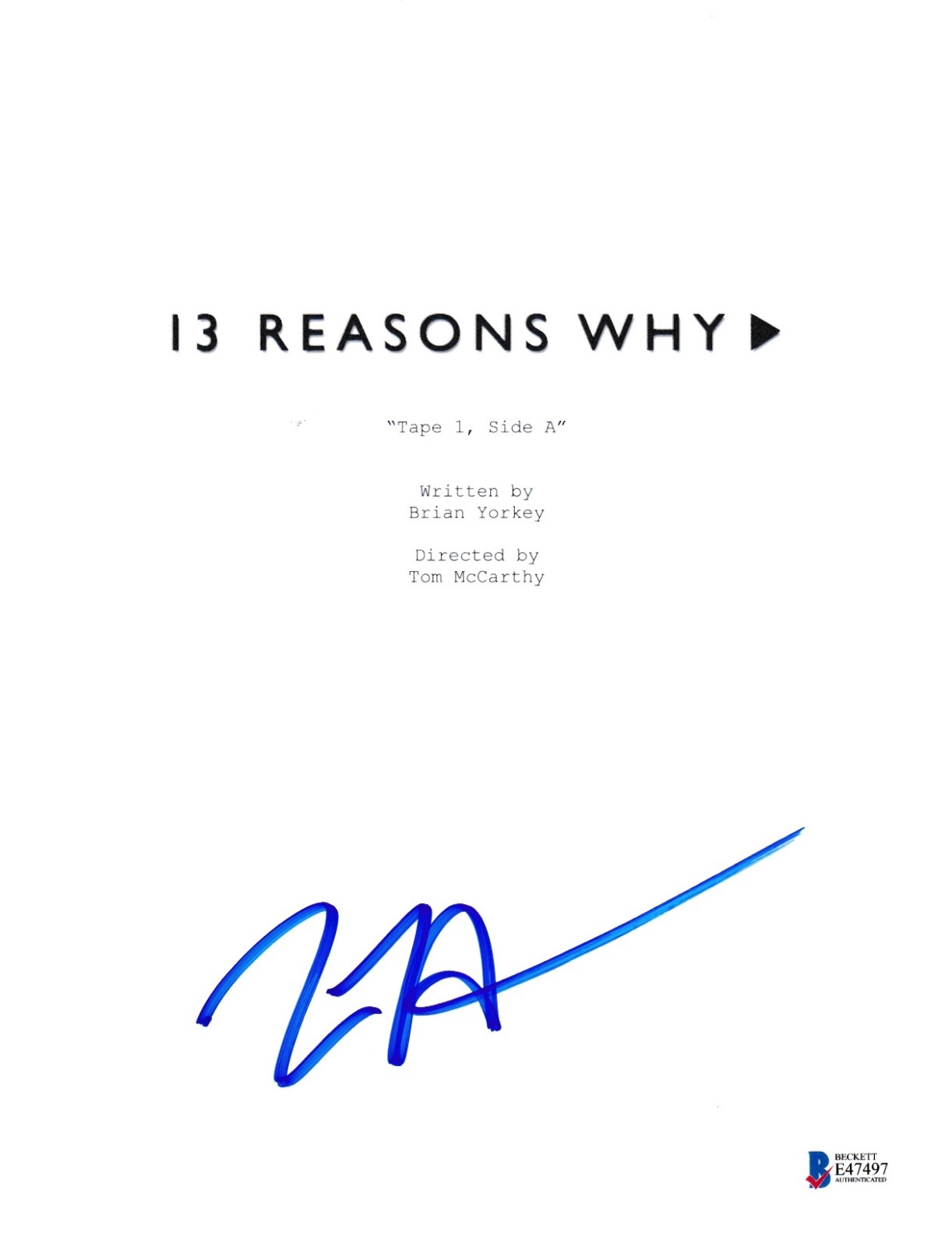 TOM MCCARTHY SIGNED 13 REASONS WHY PILOT SCRIPT BECKETT BAS AUTOGRAPH AUTO COLLECTIBLE MEMORABILIA