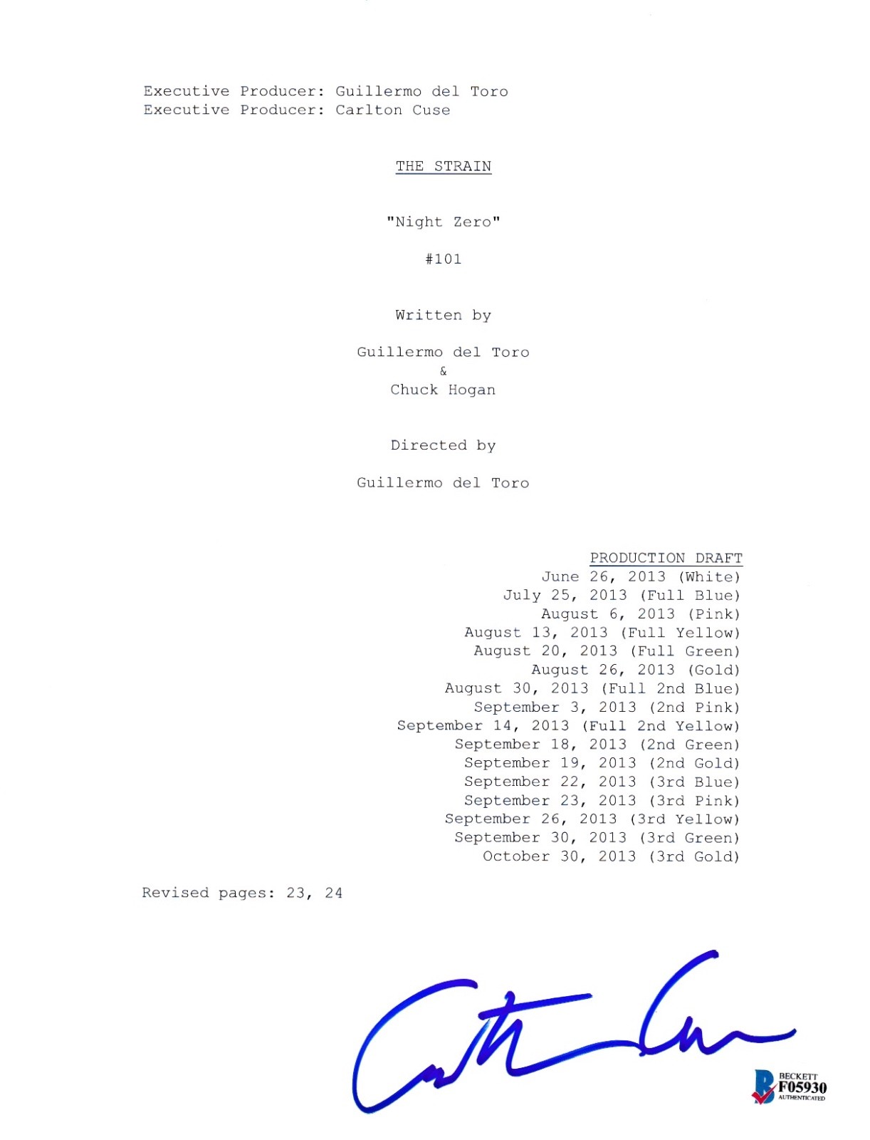 CARLTON CUSE SIGNED THE STRAIN PILOT SCRIPT BECKETT BAS AUTOGRAPH AUTO COLLECTIBLE MEMORABILIA