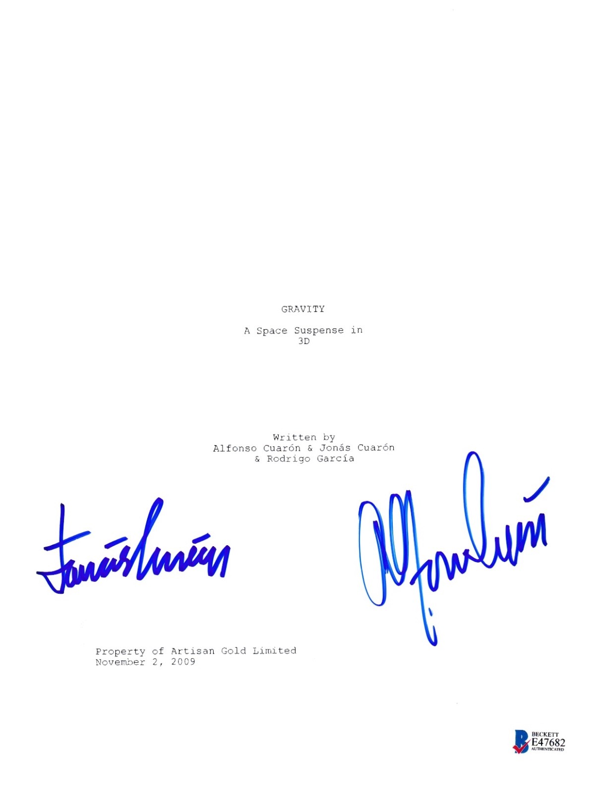 ALFONSO AND JONAS CUARON SIGNED GRAVITY SCRIPT BECKETT BAS AUTOGRAPH AUTO COLLECTIBLE MEMORABILIA