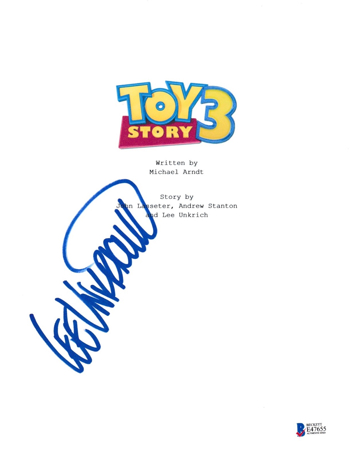 LEE UNKRICH SIGNED TOY STORY 3 SCRIPT BECKETT BAS AUTOGRAPH AUTO COLLECTIBLE MEMORABILIA