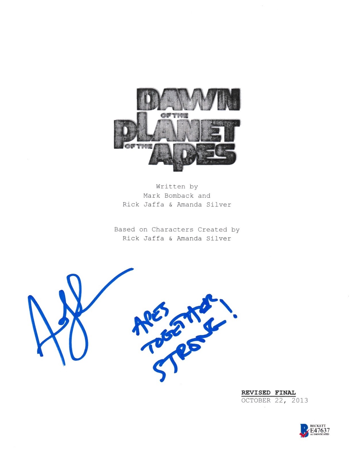 ANDY SERKIS SIGNED DAWN PLANET APES SCRIPT BECKETT BAS AUTOGRAPH AUTO COA B COLLECTIBLE MEMORABILIA