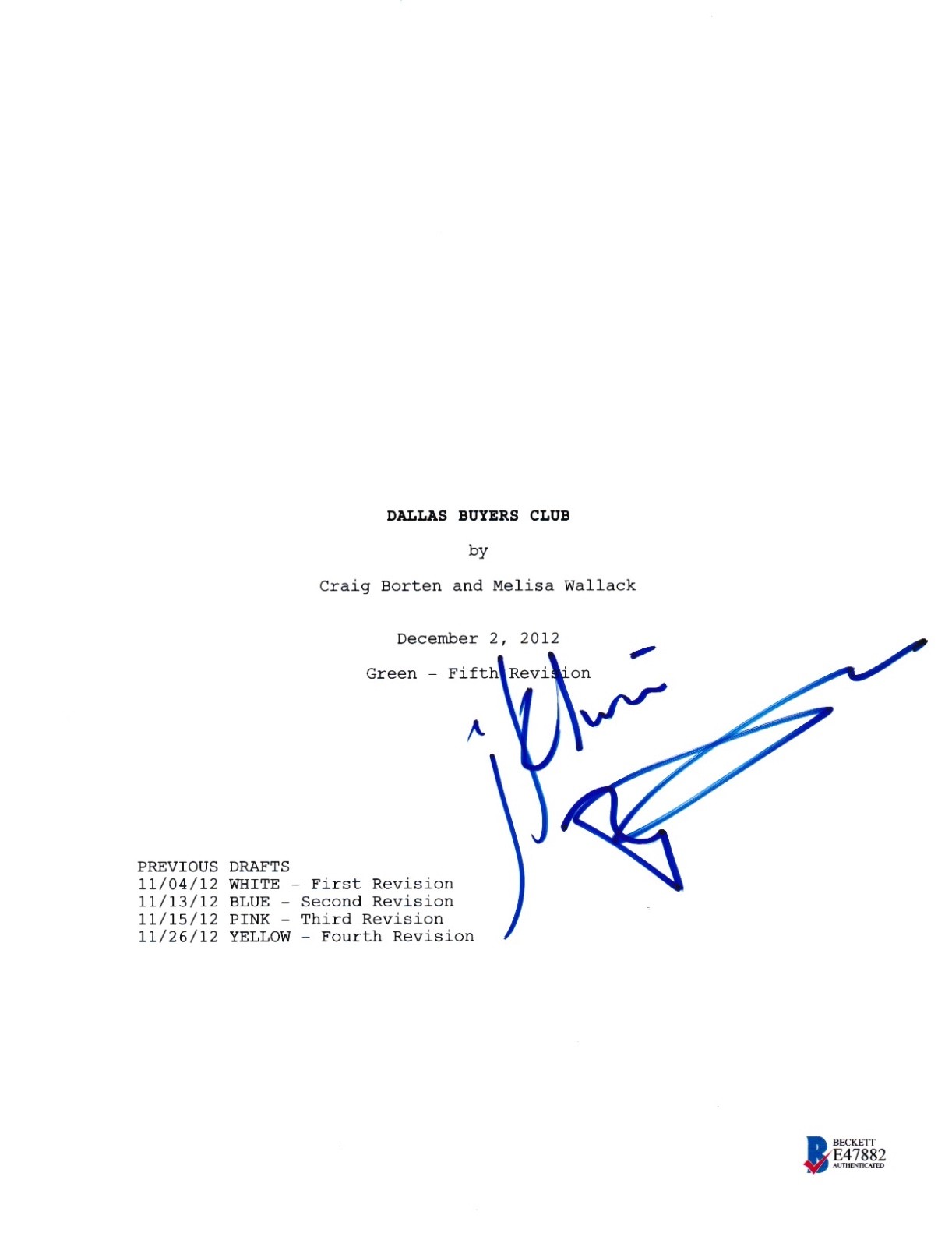 MATTHEW MCCONAUGHEY SIGNED DALLAS BUYERS CLUB SCRIPT BECKETT BAS AUTOGRAPH AUTO COLLECTIBLE MEMORABILIA