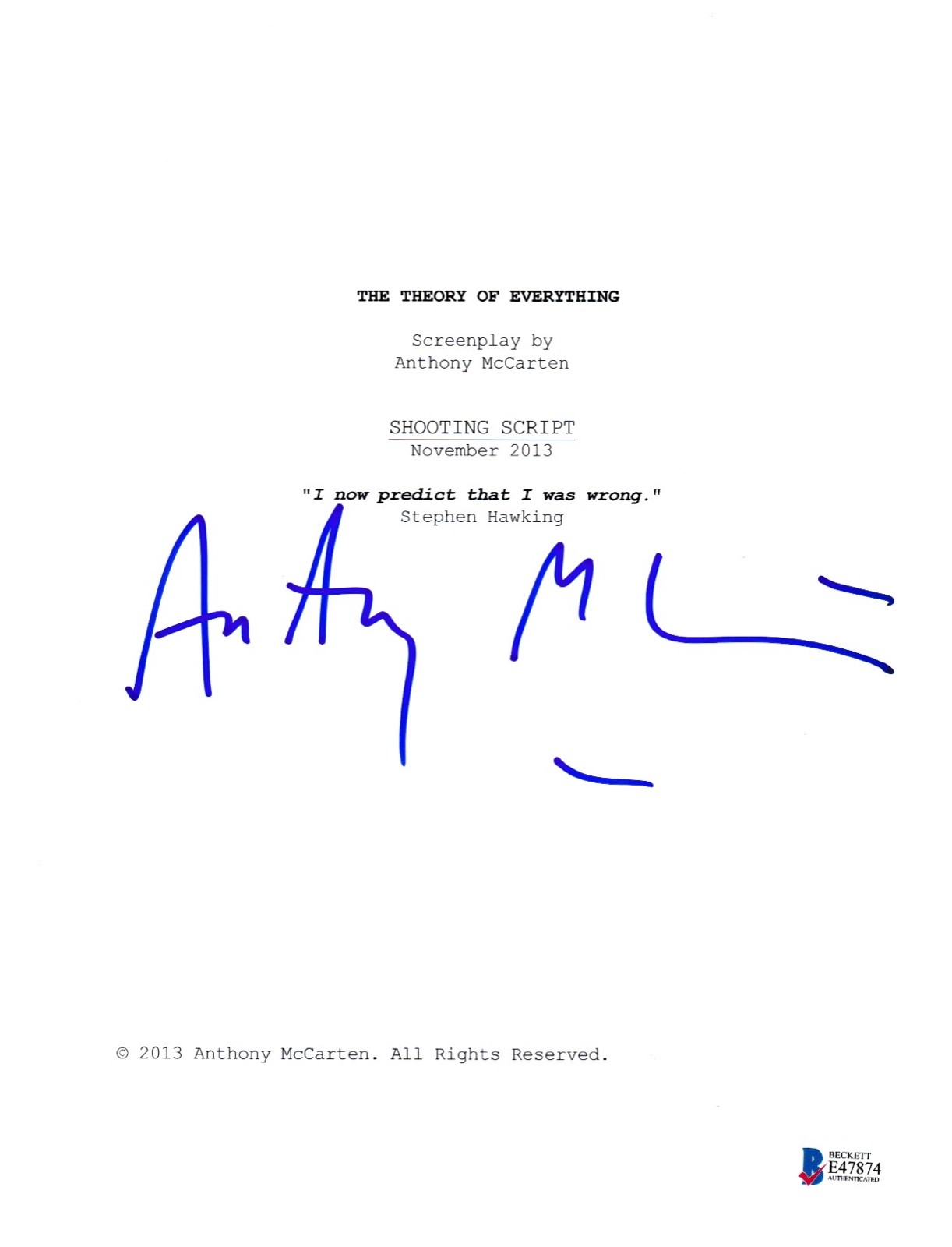 ANTHONY MCCARTEN SIGNED THEORY EVERYTHING SCRIPT BECKETT BAS AUTOGRAPH AUTO COA COLLECTIBLE MEMORABILIA