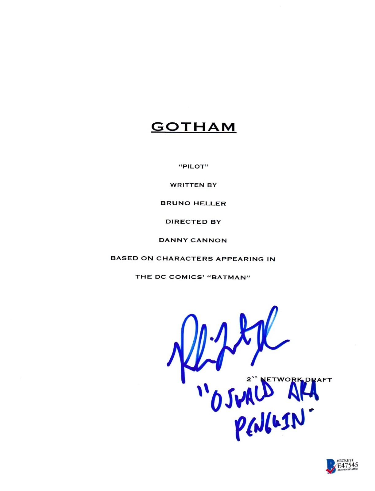 ROBIN LORD TAYLOR SIGNED GOTHAM PILOT SCRIPT BECKETT BAS AUTOGRAPH AUTO B COLLECTIBLE MEMORABILIA