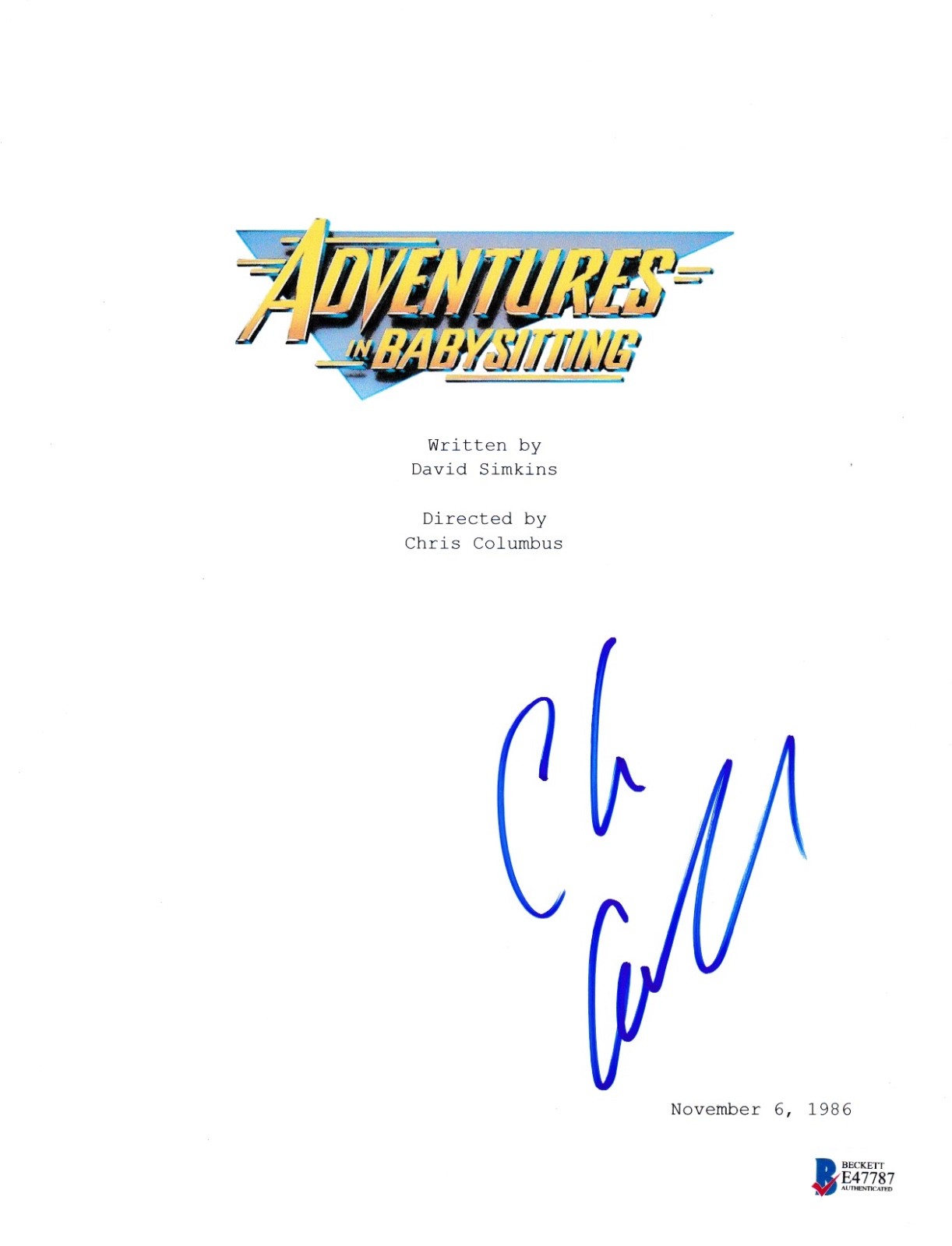 CHRIS COLUMBUS SIGNED ADVENTURES IN BABYSITTING SCRIPT BECKETT BAS AUTOGRAPH COLLECTIBLE MEMORABILIA