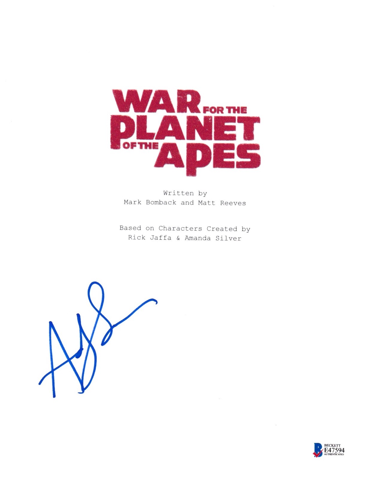 ANDY SERKIS SIGNED WAR PLANET APES SCRIPT BECKETT BAS AUTOGRAPH AUTO COA COLLECTIBLE MEMORABILIA