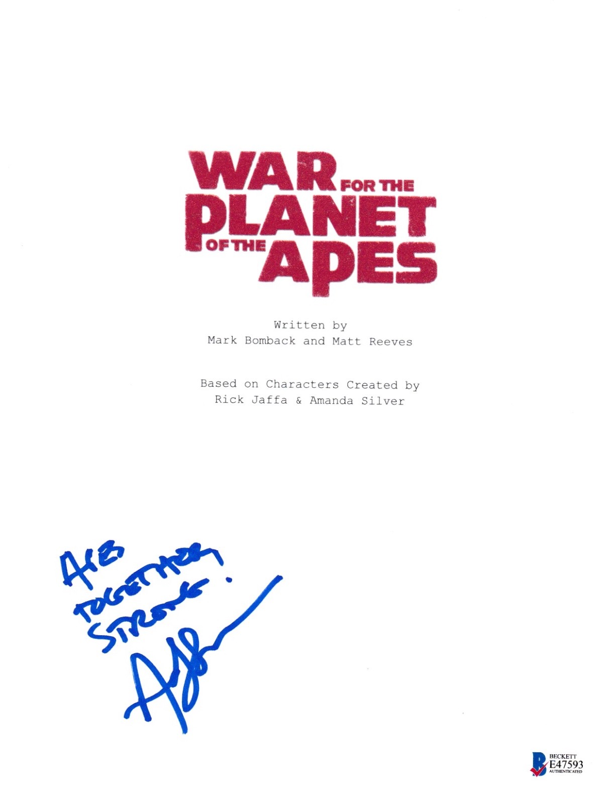 ANDY SERKIS SIGNED WAR PLANET APES SCRIPT BECKETT BAS AUTOGRAPH AUTO COA B COLLECTIBLE MEMORABILIA