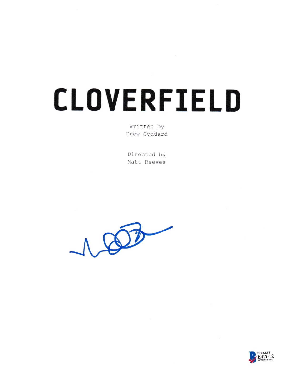 MATT REEVES SIGNED CLOVERFIELD SCRIPT BECKETT BAS AUTOGRAPH AUTO COA COLLECTIBLE MEMORABILIA