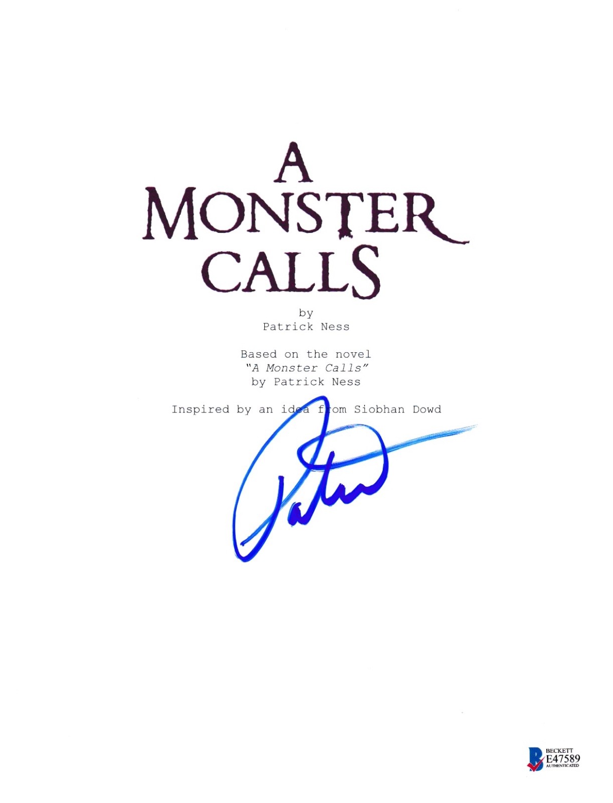 PATRICK NESS SIGNED A MONSTER CALLS SCRIPT BECKETT BAS AUTOGRAPH AUTO COA COLLECTIBLE MEMORABILIA