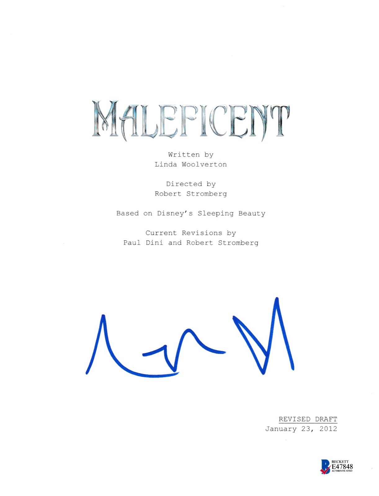 ANGELINA JOLIE SIGNED MALEFICENT SCRIPT BECKETT BAS AUTOGRAPH AUTO COA COLLECTIBLE MEMORABILIA