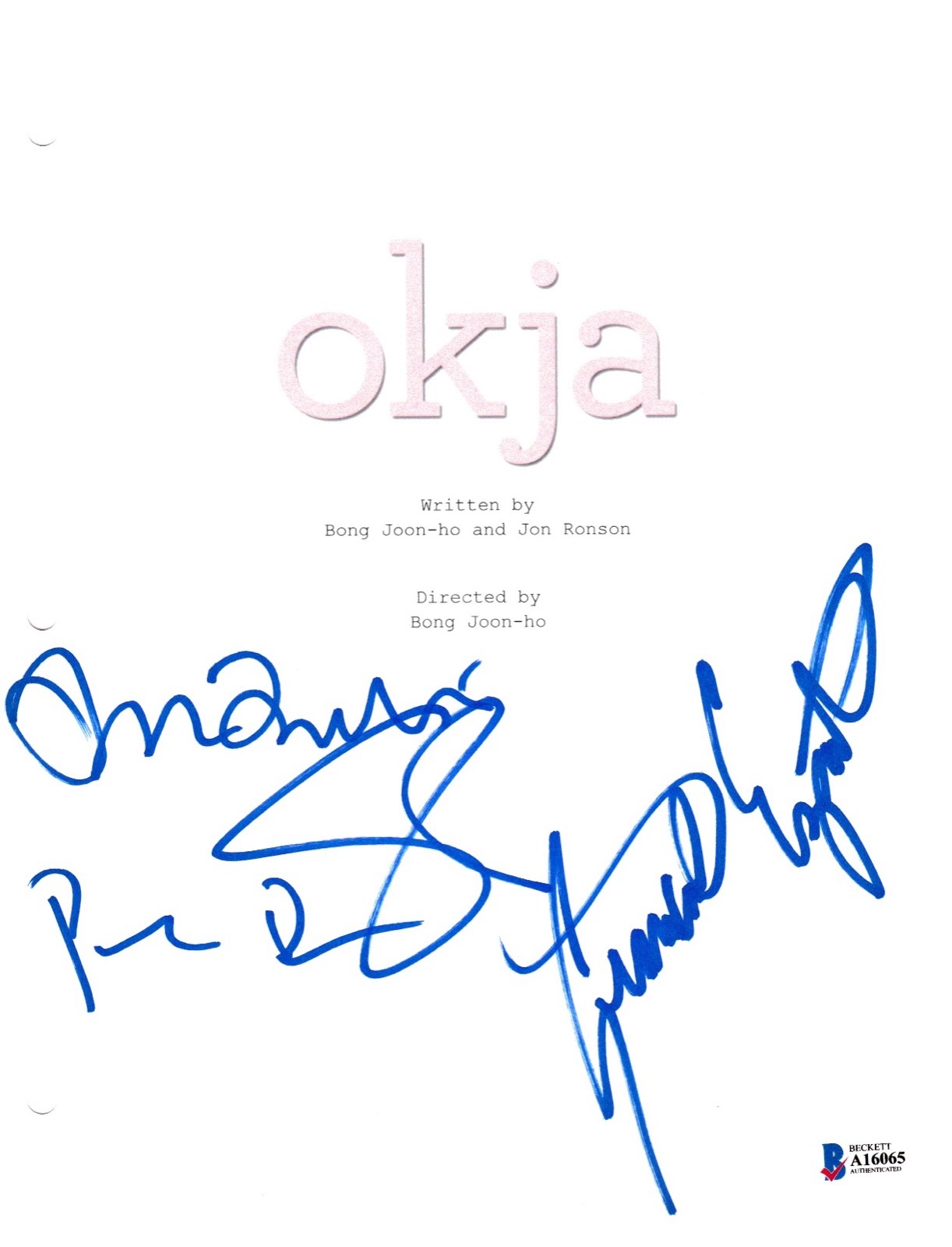 CAST SIGNED OKJA SCRIPT BECKETT BAS AUTOGRAPH AUTO COA TILDA SWINTON PAUL DANO COLLECTIBLE MEMORABILIA