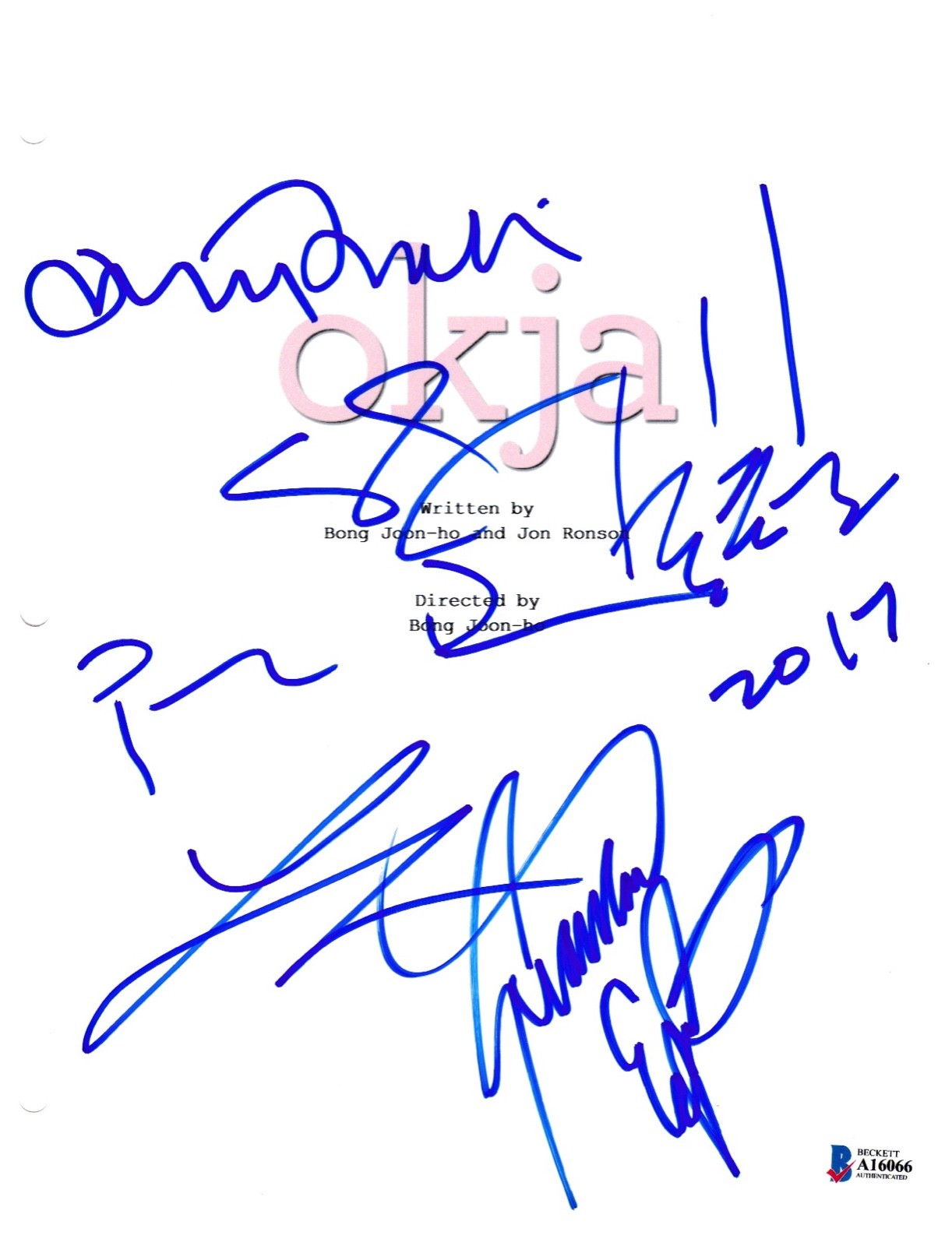 CAST SIGNED OKJA SCRIPT BECKETT BAS AUTOGRAPH AUTO COA TILDA SWINTON PAUL DANO COLLECTIBLE MEMORABILIA