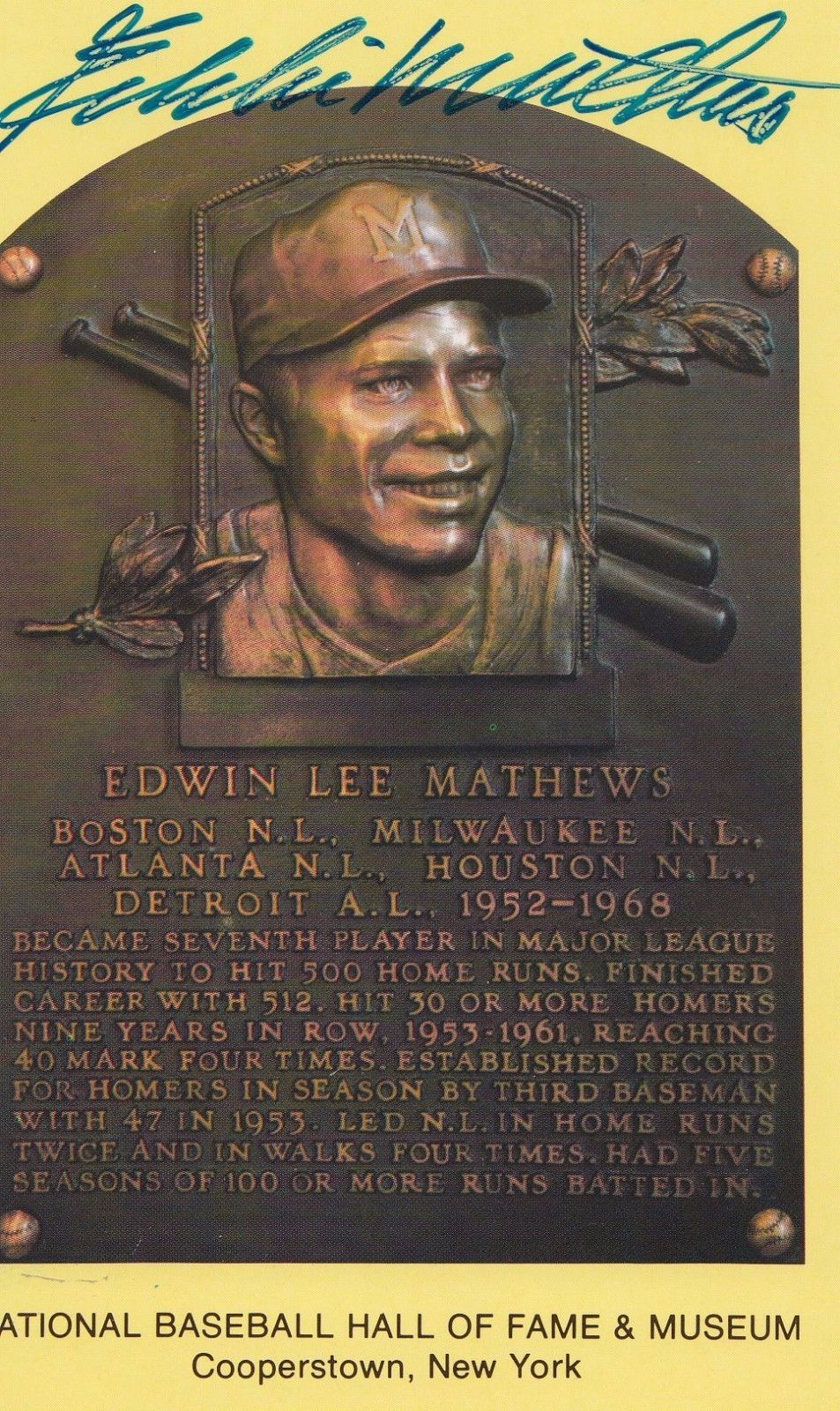 Eddie Mathews autgraphed Hall of Fame post card PSA/DNA Authenticated Y72762 Collectible Memorabilia