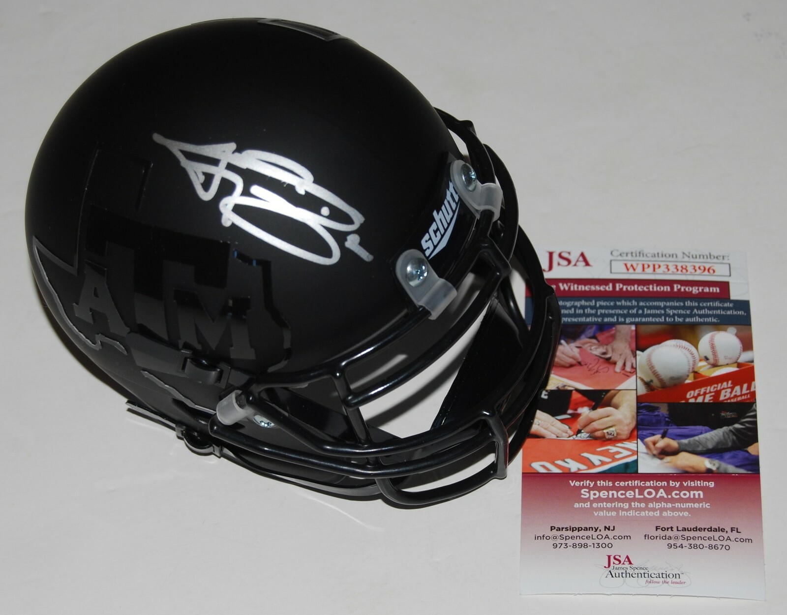 JOHNNY MANZIEL signed (TEXAS A&M) Blacked out mini football helmet JSA COA Collectible Memorabilia
