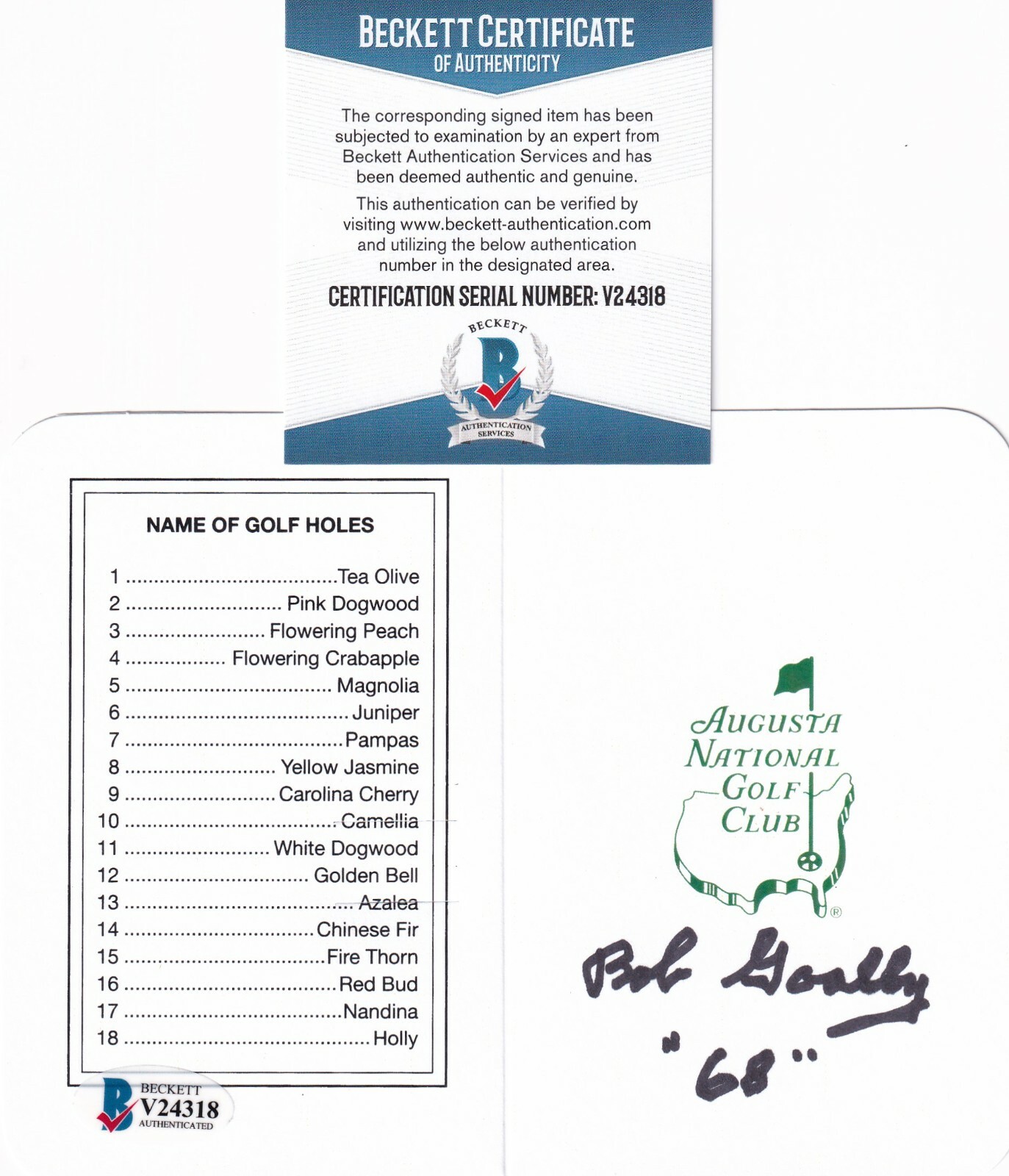 BOB GOALBY signed (AUGUSTA NATIONAL CLUB) Masters Scorecard BECKETT BAS V24318 Collectible Memorabilia