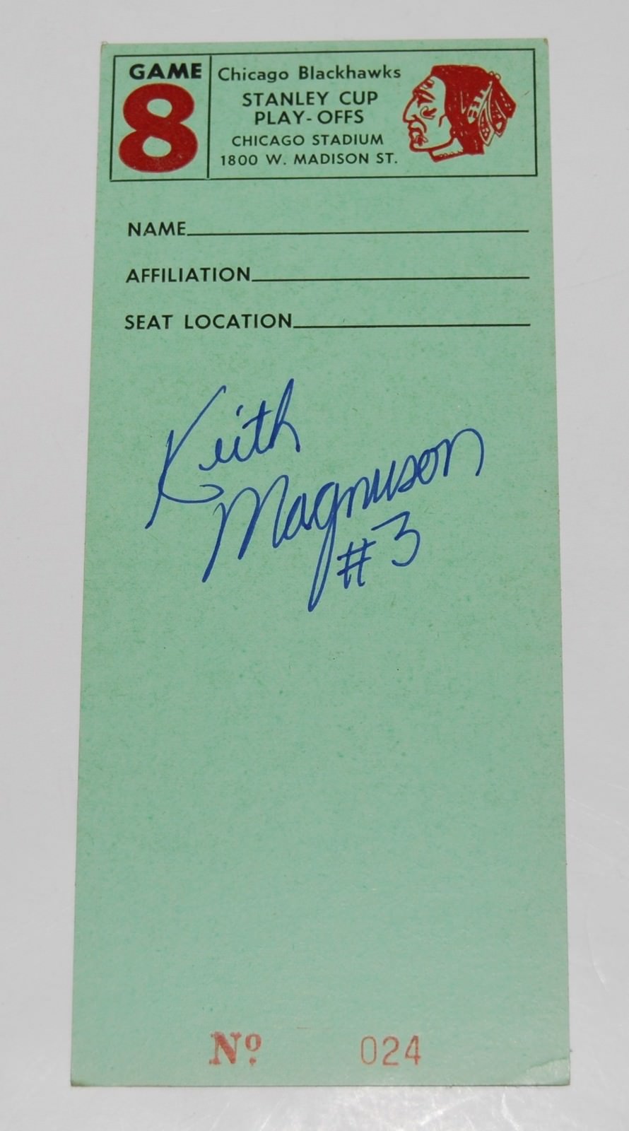 KEITH MAGNSUON signes (CHICAGO BLACKHAWKS) STANLEY CUP PLAYOFFS TICKET W/COA Collectible Memorabilia