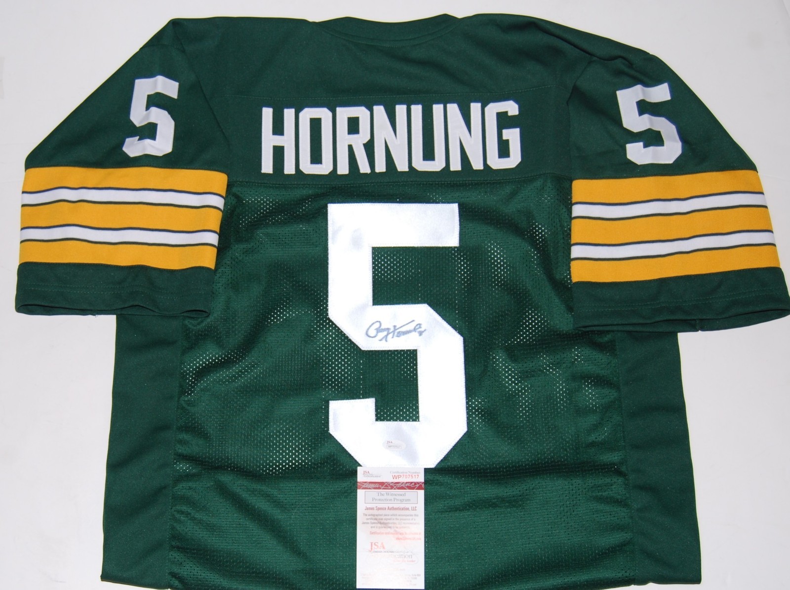 PAUL HORNUNG signed (GREEN BAY PACKERS Stiched football jersey JSA WITNESSED Collectible Memorabilia
