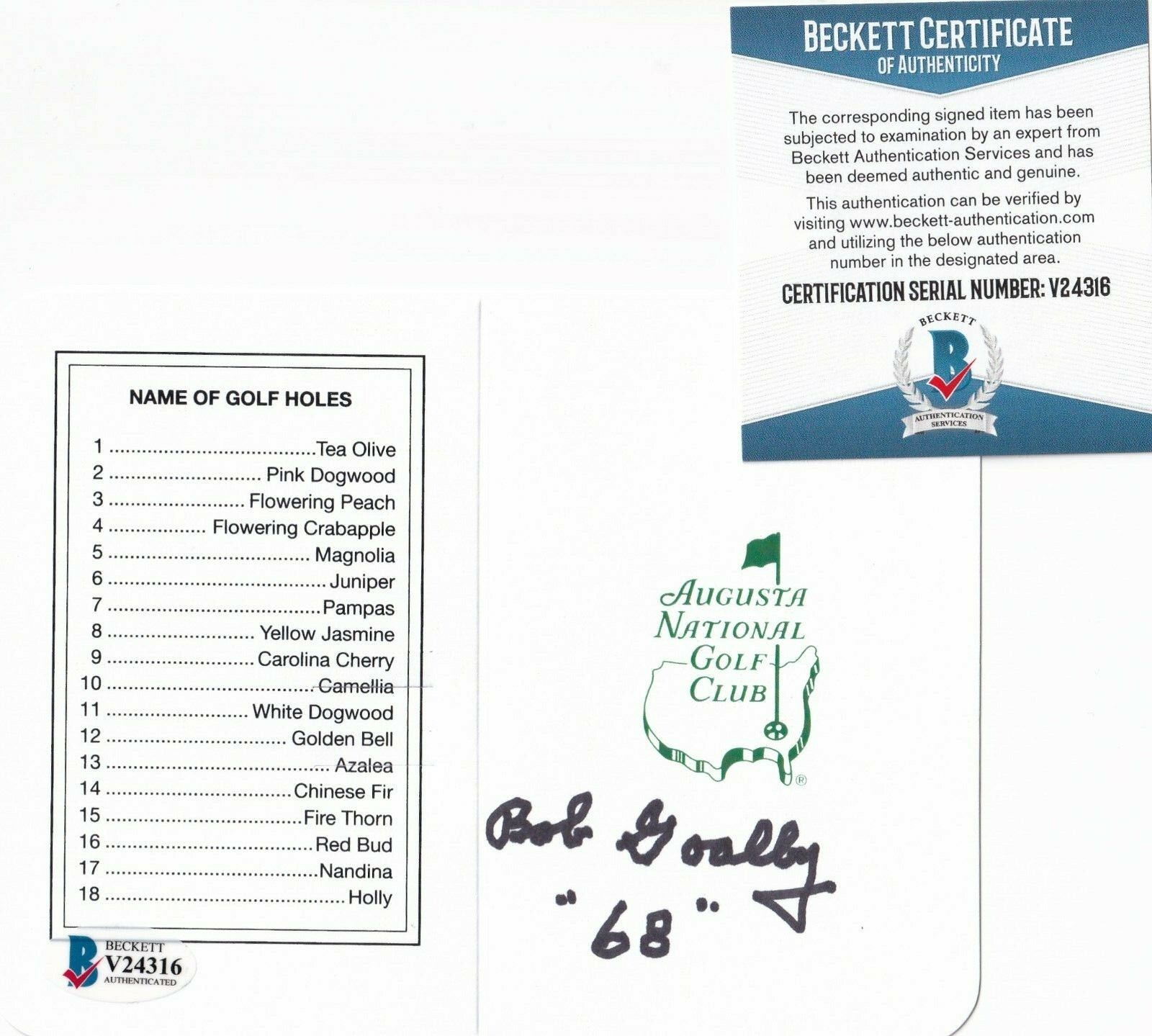 BOB GOALBY signed (AUGUSTA NATIONAL CLUB) Masters Scorecard BECKETT BAS V24316 Collectible Memorabilia
