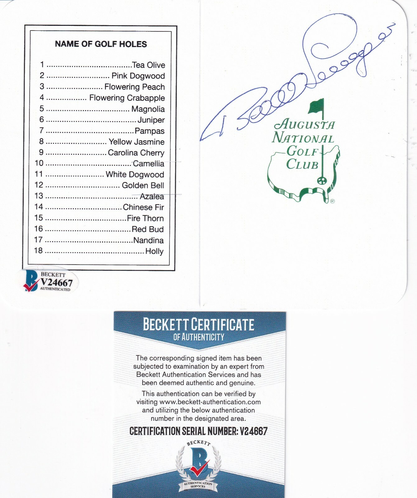 BERNHARD LANGER signed (AUGUSTA NATIONAL CLUB) Masters Scorecard BECKETT V24667 Collectible Memorabilia