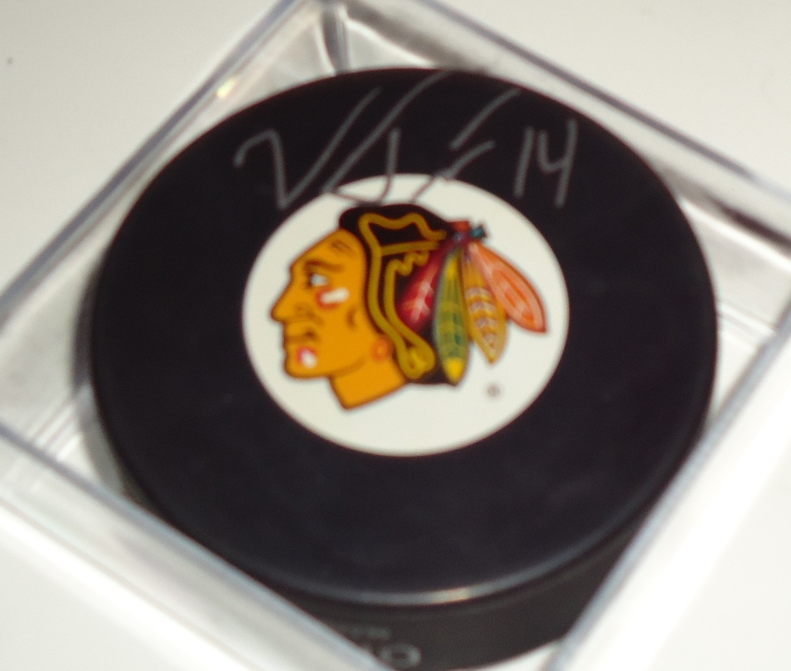 Viktor Tikhonov signed 15-16 Chicago Blackhawks souvenir hockey puck w/coa #14 Collectible Memorabilia
