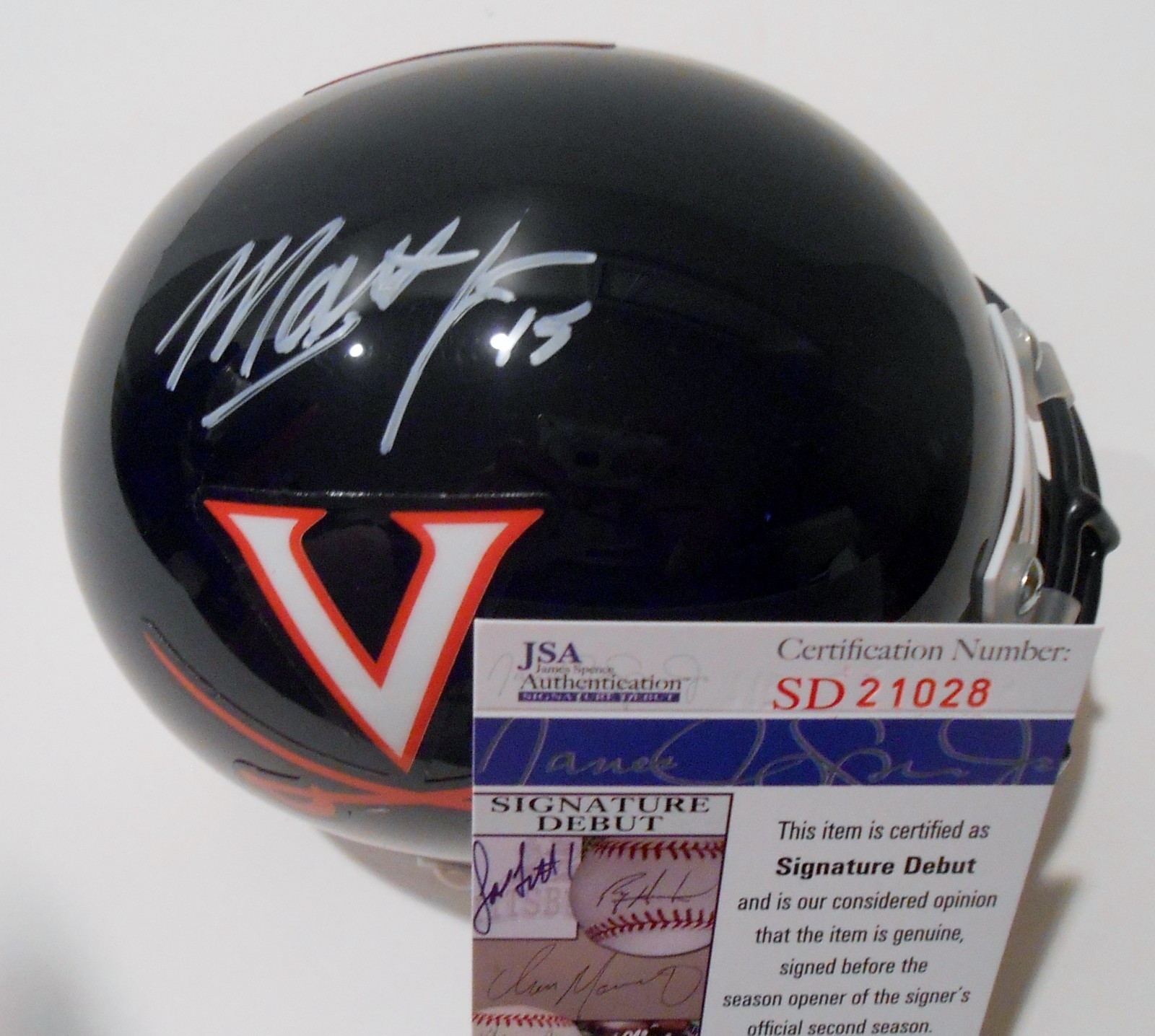 Matt Johns Signed UVA Virginia Cavaliers Mini Helmet w/JSA COA SD21028 C Collectible Memorabilia