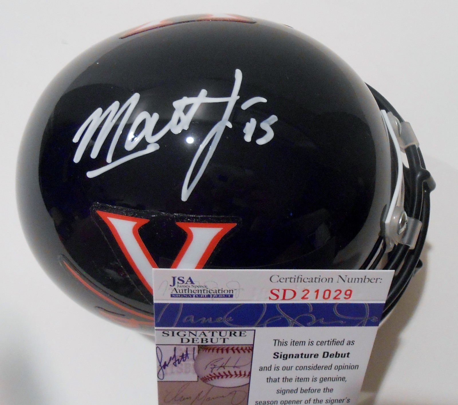 Matt Johns Signed UVA Virginia Cavaliers Mini Helmet w/JSA COA SD21029 C Collectible Memorabilia