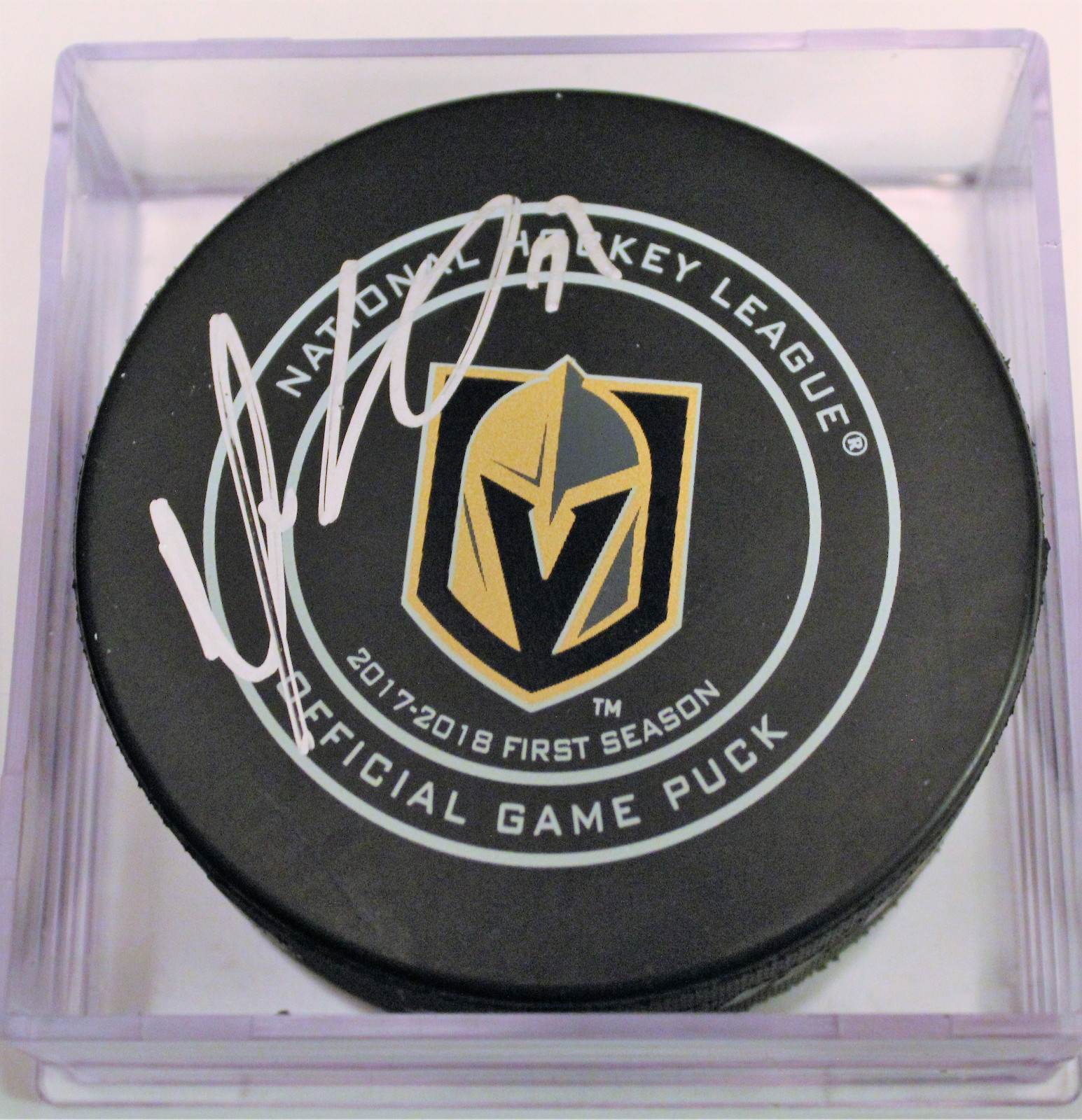 Maxime Lagace Signed 2018 Vegas Golden Knights Autograph Puck w/COA Strong #2 Collectible Memorabilia