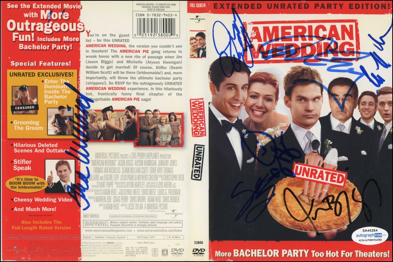 “AMERICAN WEDDING” CAST AUTOGRAPHS SIGNED DVD – ALYSON HANNIGAN, BIGGS +5 ACOA  COLLECTIBLE MEMORABILIA