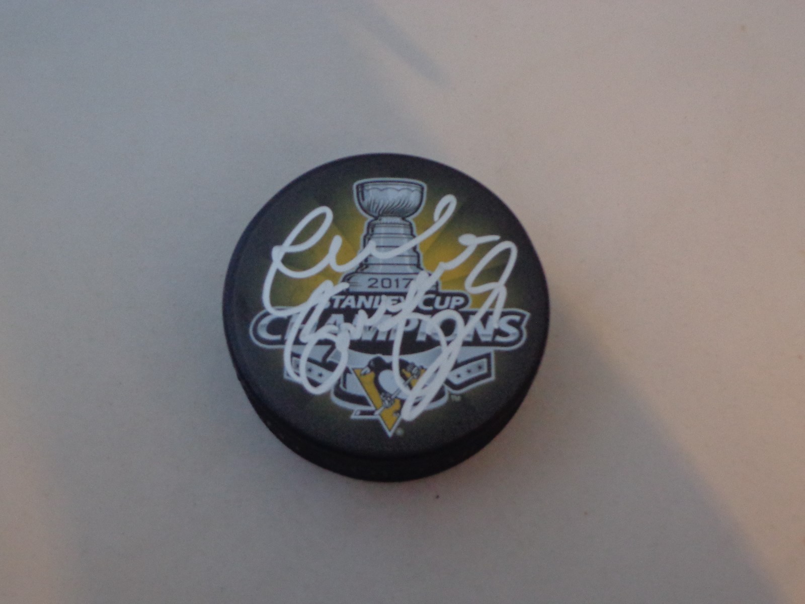 Phil Bourque signed Pittsburgh Penguins 2017 Stanley Cup Champions puck Champs Collectible Memorabilia