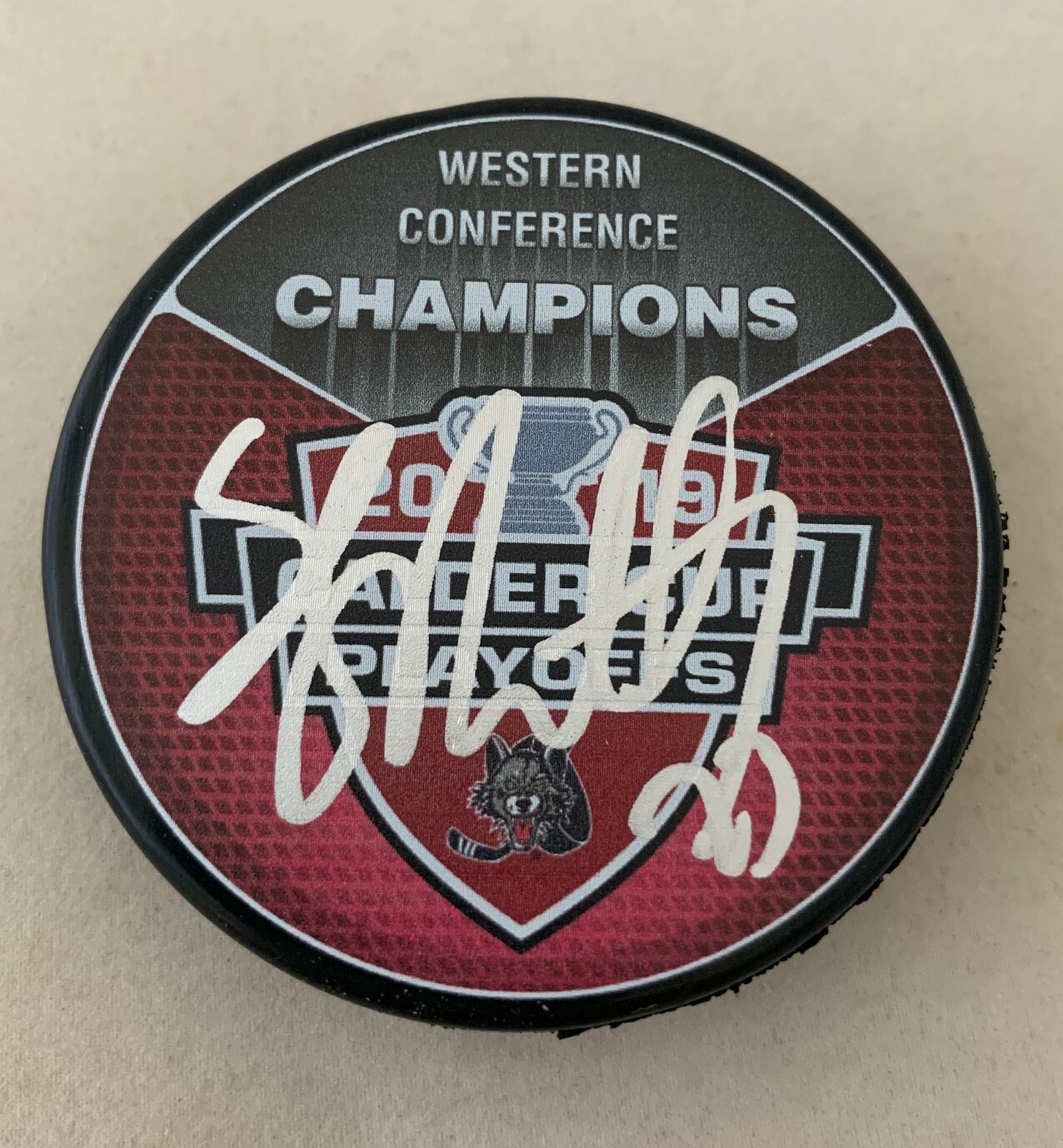 Stefan Matteau Knights signed Chicago Wolves 2019 Western Conference Champs Puck Collectible Memorabilia