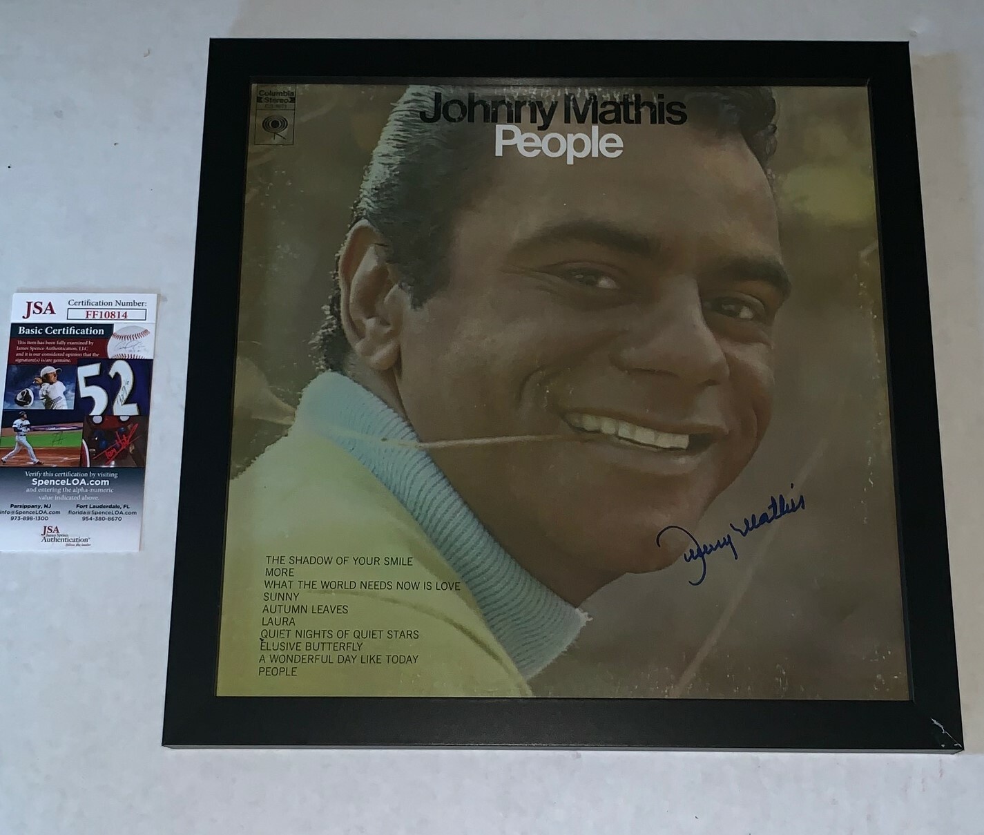 Johnny Mathis signed People Framed Album Vinyl autographed JSA Collectible Memorabilia