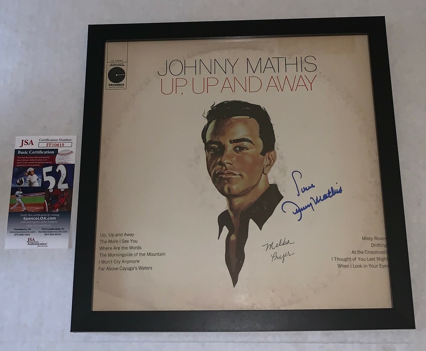 Johnny Mathis signed Up, Up And Away Framed Album Vinyl autographed JSA Collectible Memorabilia