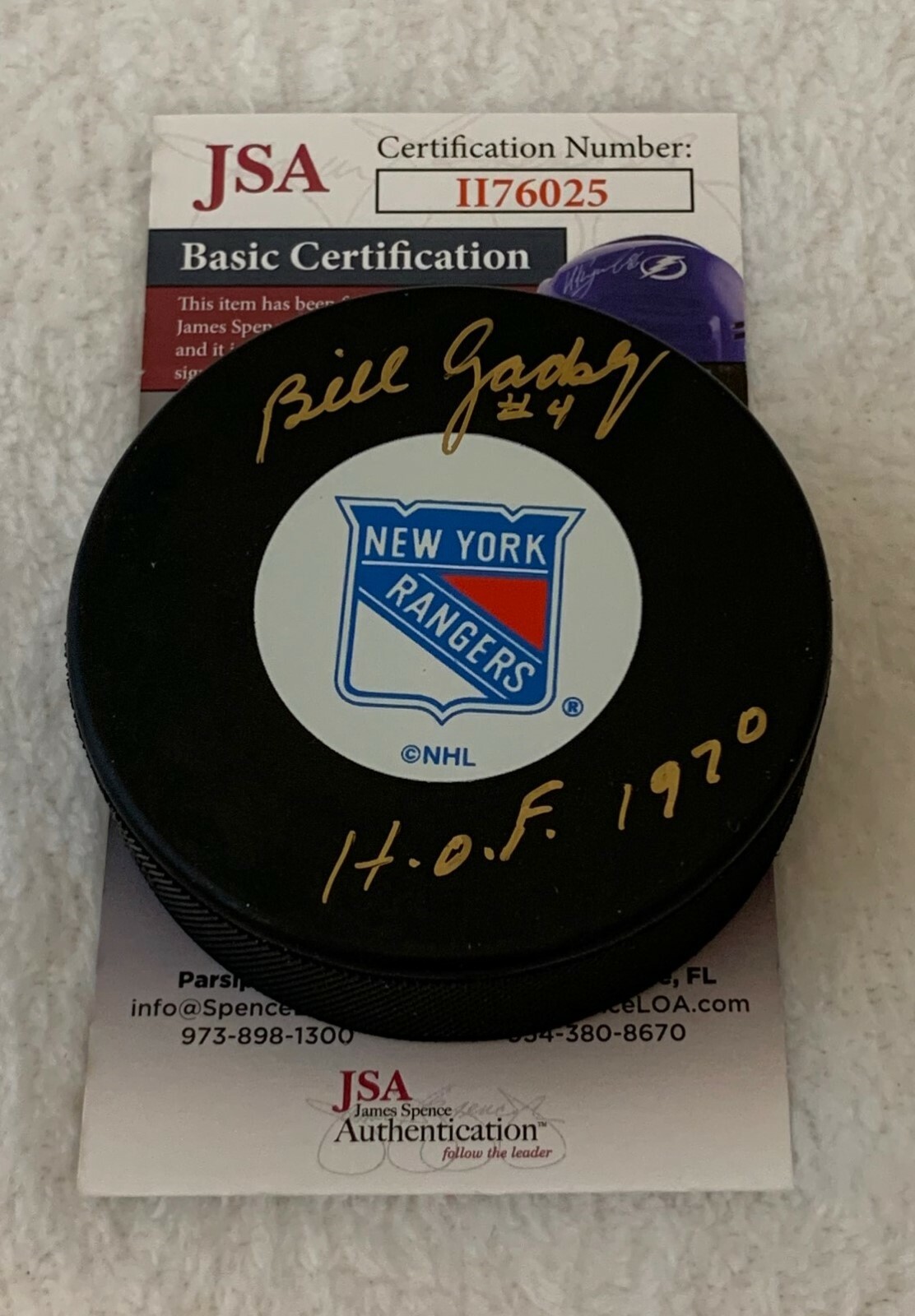 Bill Gadsby signed New York Rangers puck W/ HOF Inscription autographed JSA Collectible Memorabilia