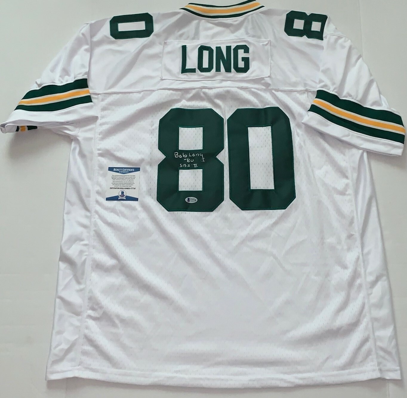 Bob Long signed White Green Bay Packers jersey SB 1 & 2 Inscription BAS Beckett Collectible Memorabilia