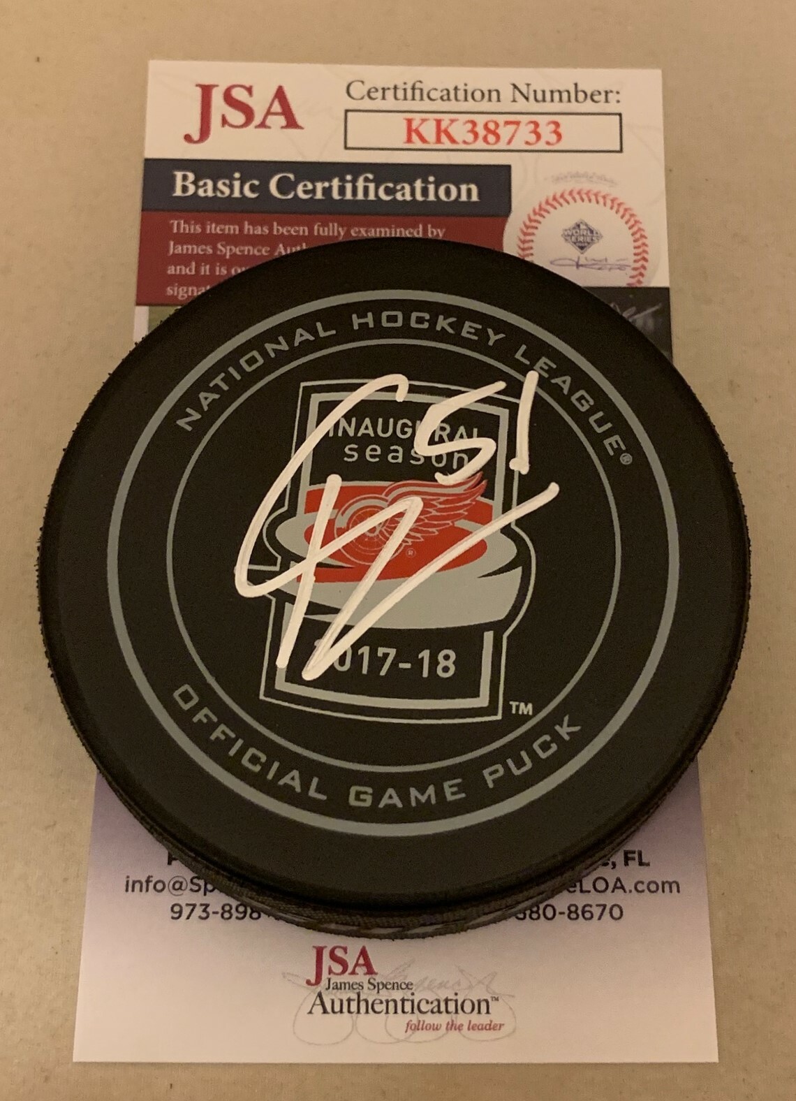 Frans Nielsen signed Detroit Red Wings 2017 - 2018 LCA Inaugural Game Puck JSA Collectible Memorabilia