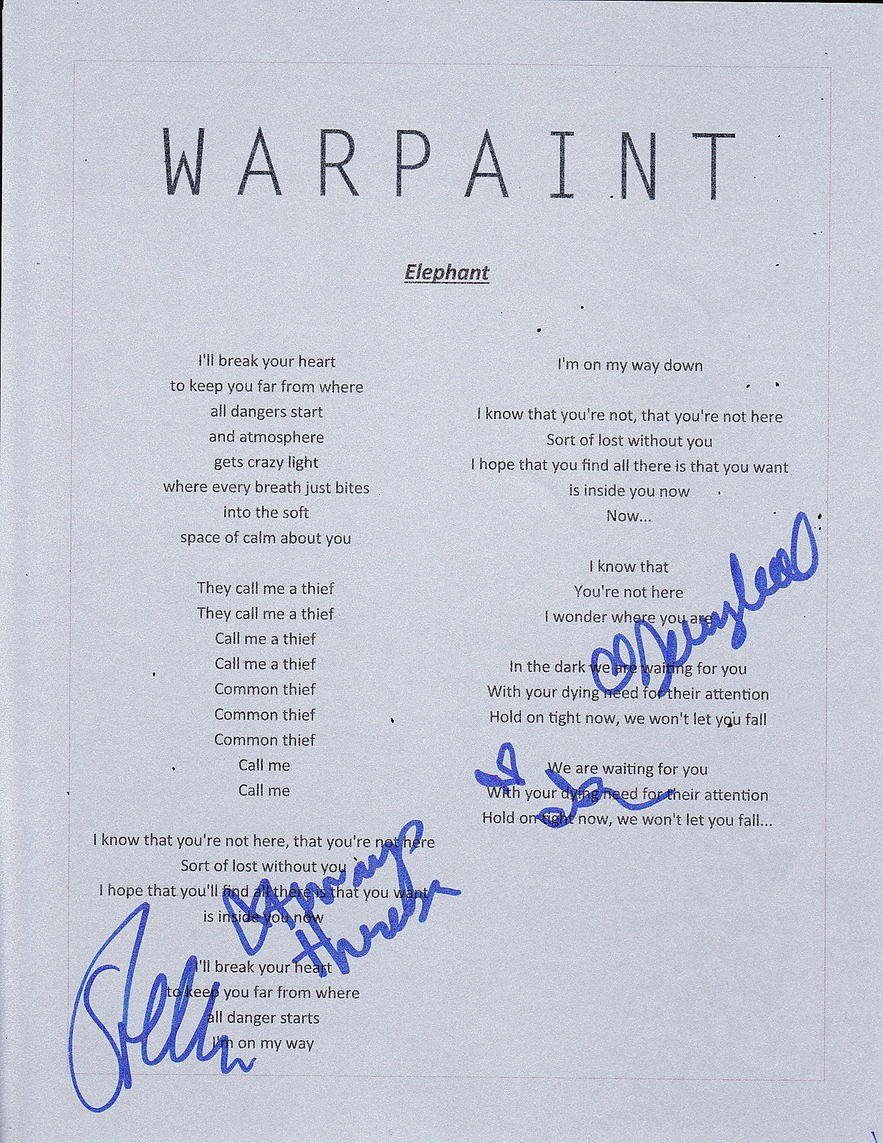 WARPAINT GROUP SIGNED ELEPHANT LYRIC SHEET  COLLECTIBLE MEMORABILIA