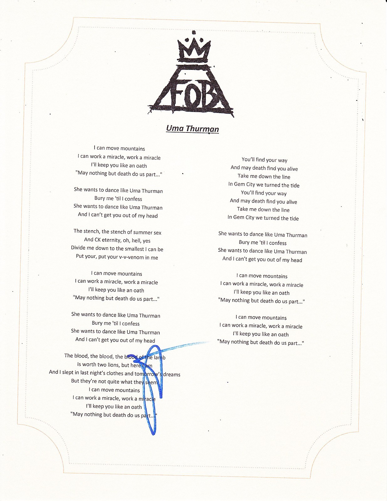FALL OUT BOY PATRICK STUMP SIGNED UMA THURMAN LYRIC SHEET Collectible Memorabilia