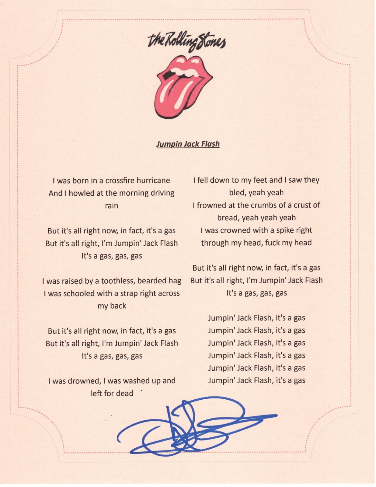 THE ROLLING STONES KARL DENSON SIGNED JUMPIN JACK FLASH LYRIC SHEET Collectible Memorabilia