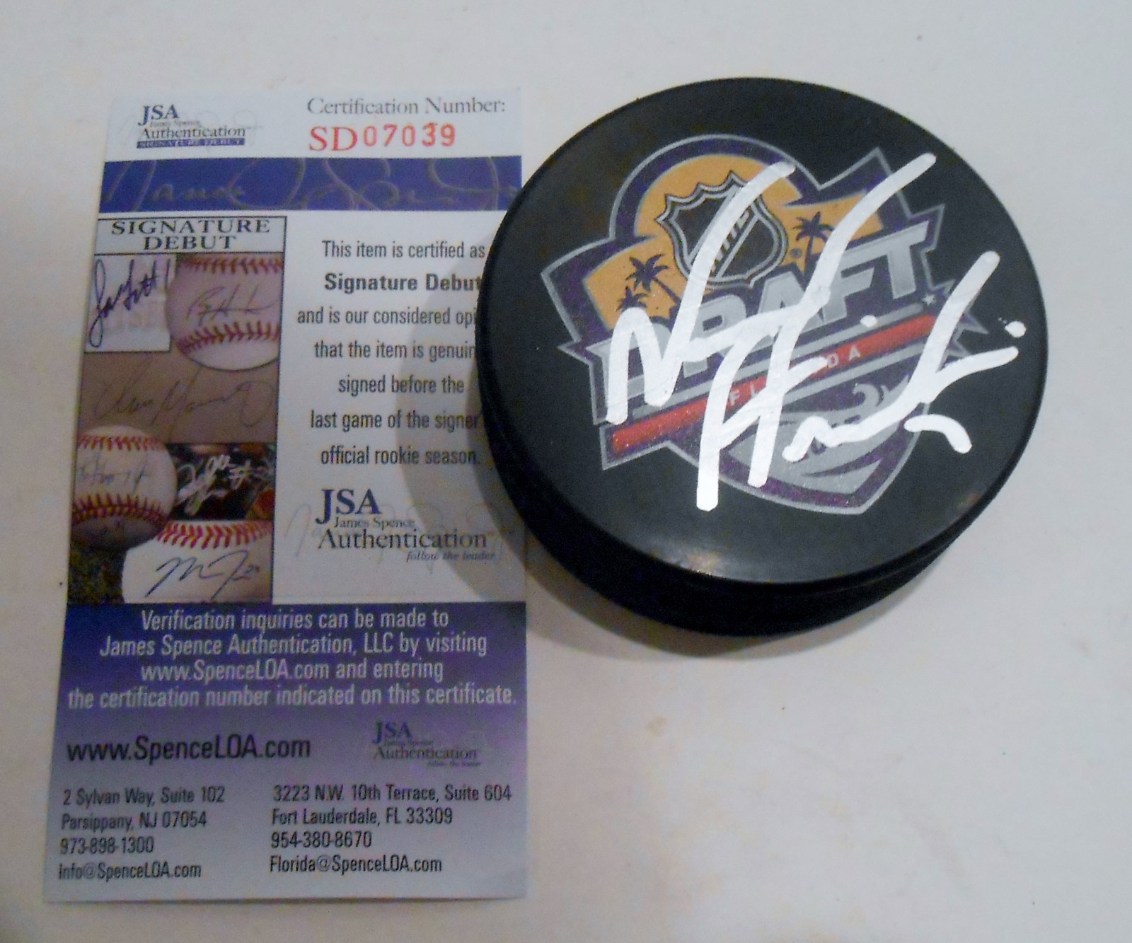 Noah Hanifin Signed 2015 NHL Draft Hockey Puck w/JSA COA Hurricanes Collectible Memorabilia