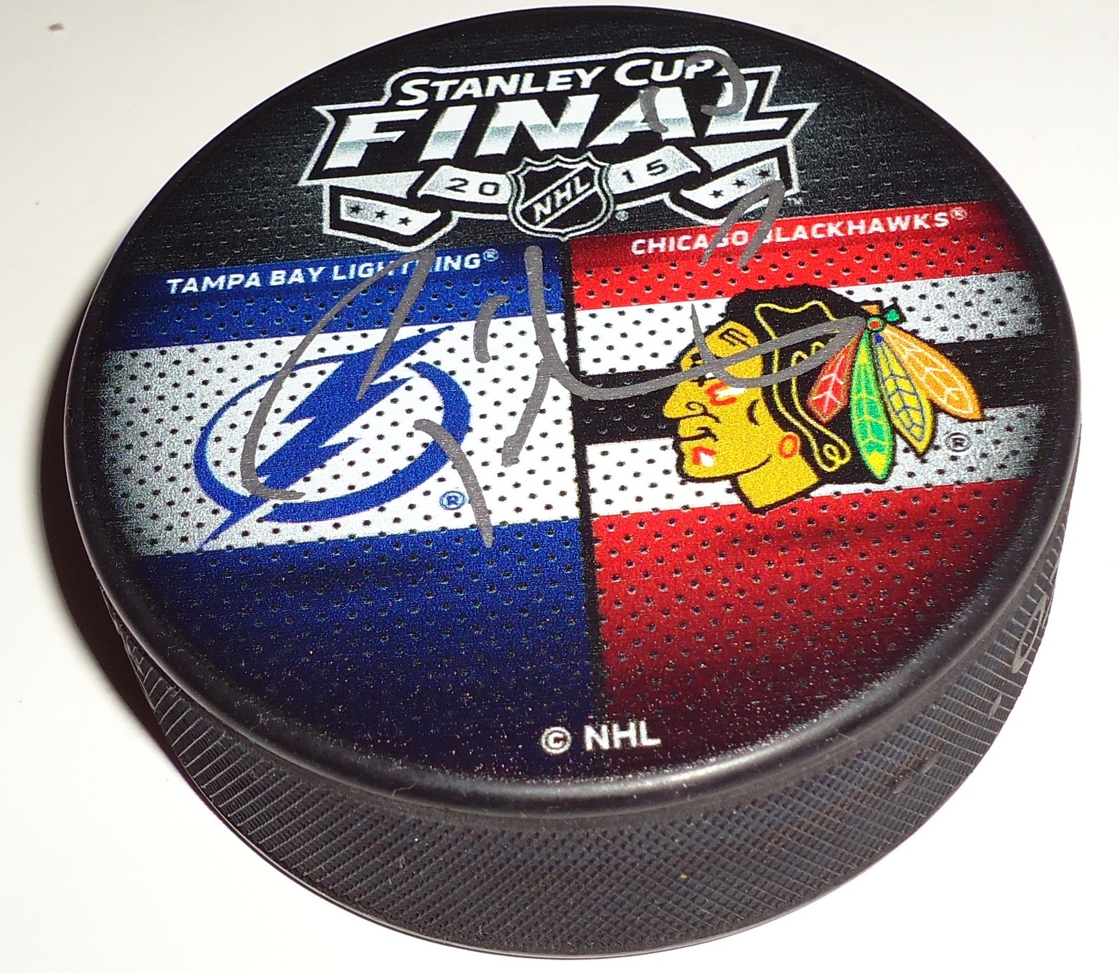 Patrick Sharp signed 2015 Chicago Blackhawks vs Lighting finals puck w/coa #2 Collectible Memorabilia
