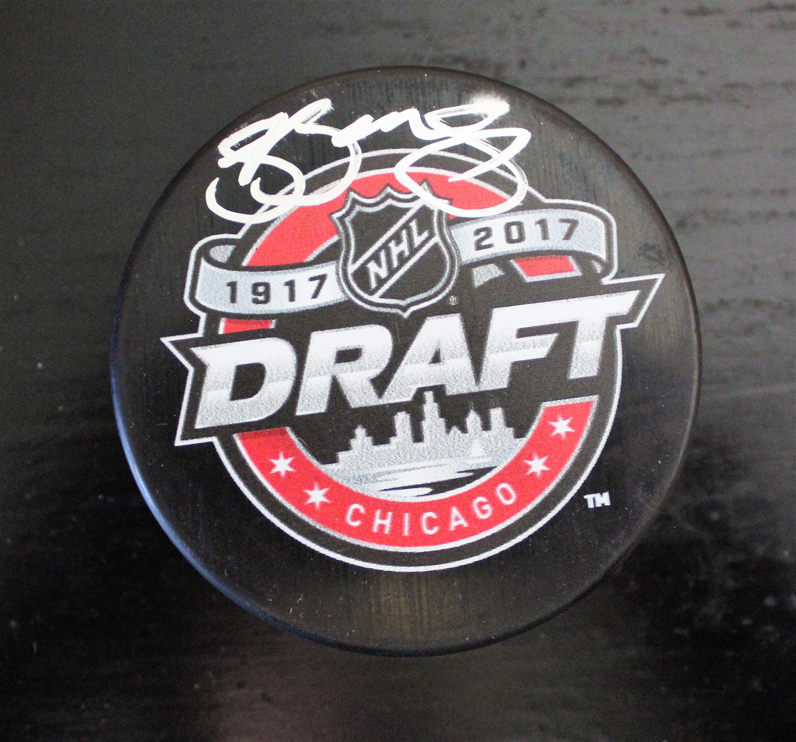 Shane Bowers Signed 2017 NHL Draft Puck w/COA Ottawa Senators Collectible Memorabilia