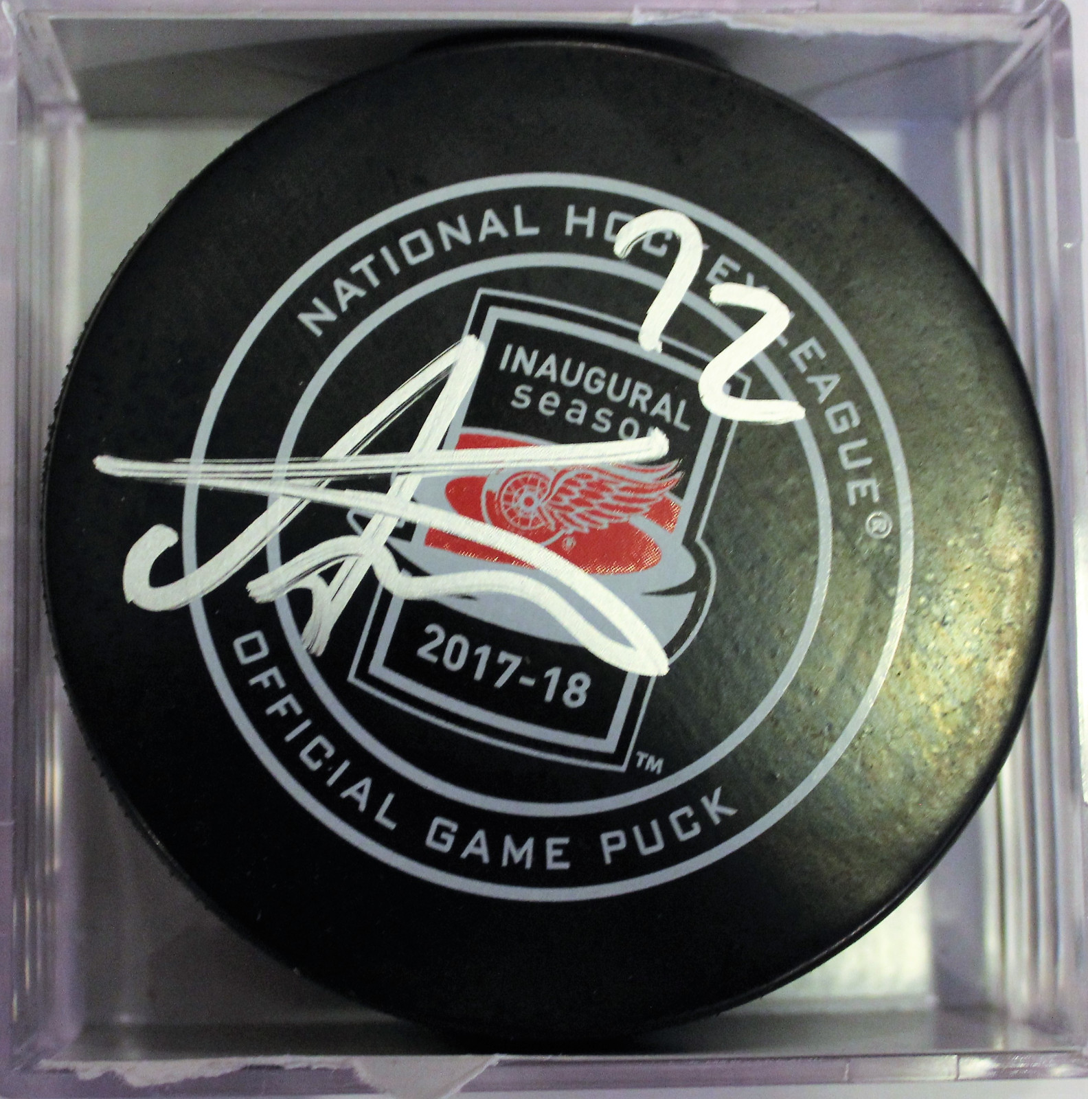 Andreas Athanasiou Signed Detroit Red Wings Official Game Puck w/COA 2017-18 Collectible Memorabilia