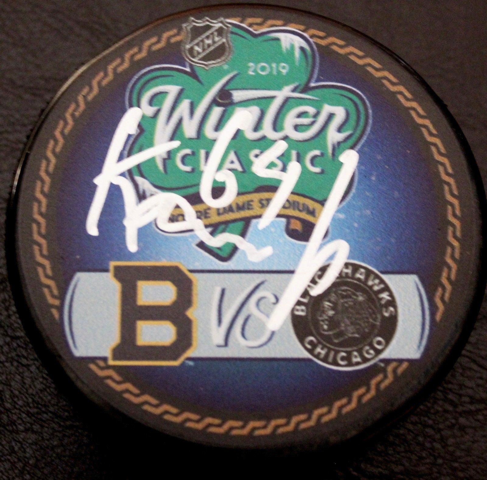 David Kampf Signed 2019 Blackhawks Winter Classic Puck w/COA Notre Dame Collectible Memorabilia