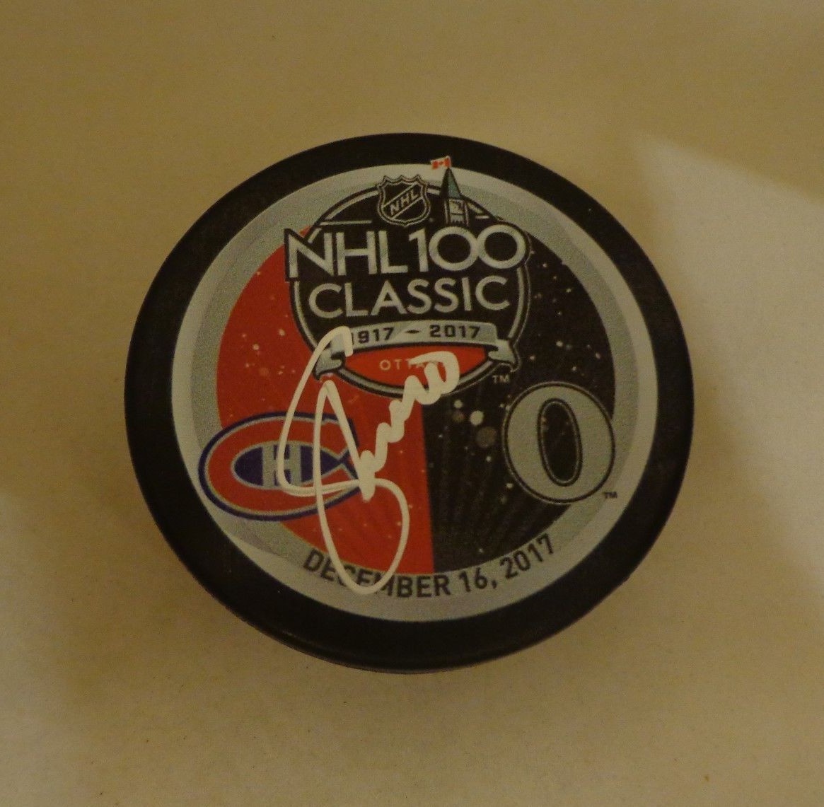 Sergio Momesso Montreal Canadiens signed 2017 NHL 100 Classic Dueling Puck Collectible Memorabilia