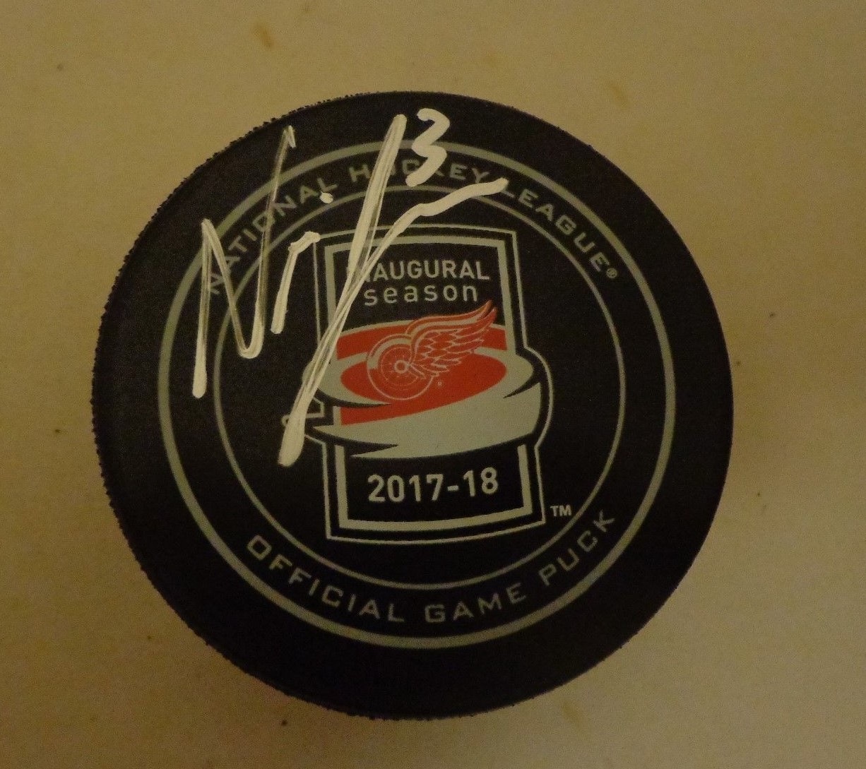 Nick Jensen signed Detroit Red Wings 2017 - 2018 LCA Inaugural Game Puck Collectible Memorabilia