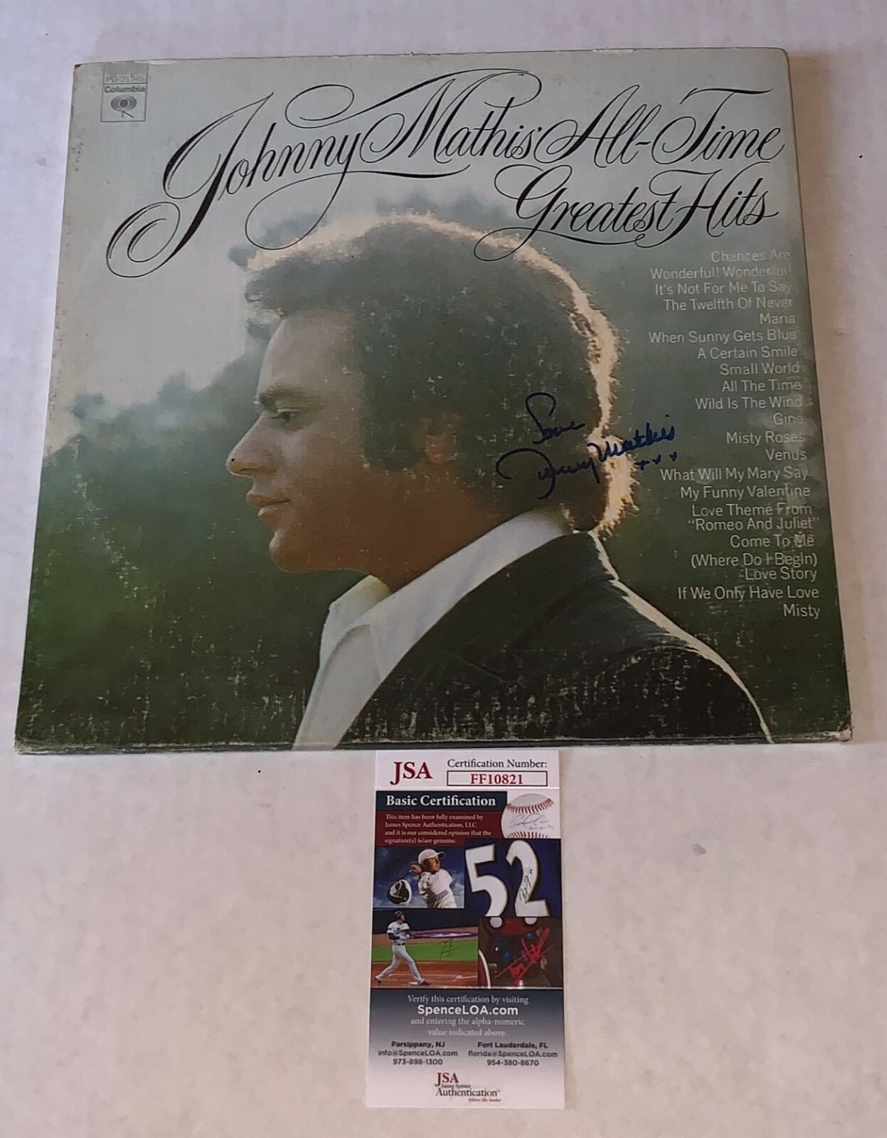 Johnny Mathis signed All-Time Greatest Hits Album Vinyl autographed JSA Collectible Memorabilia